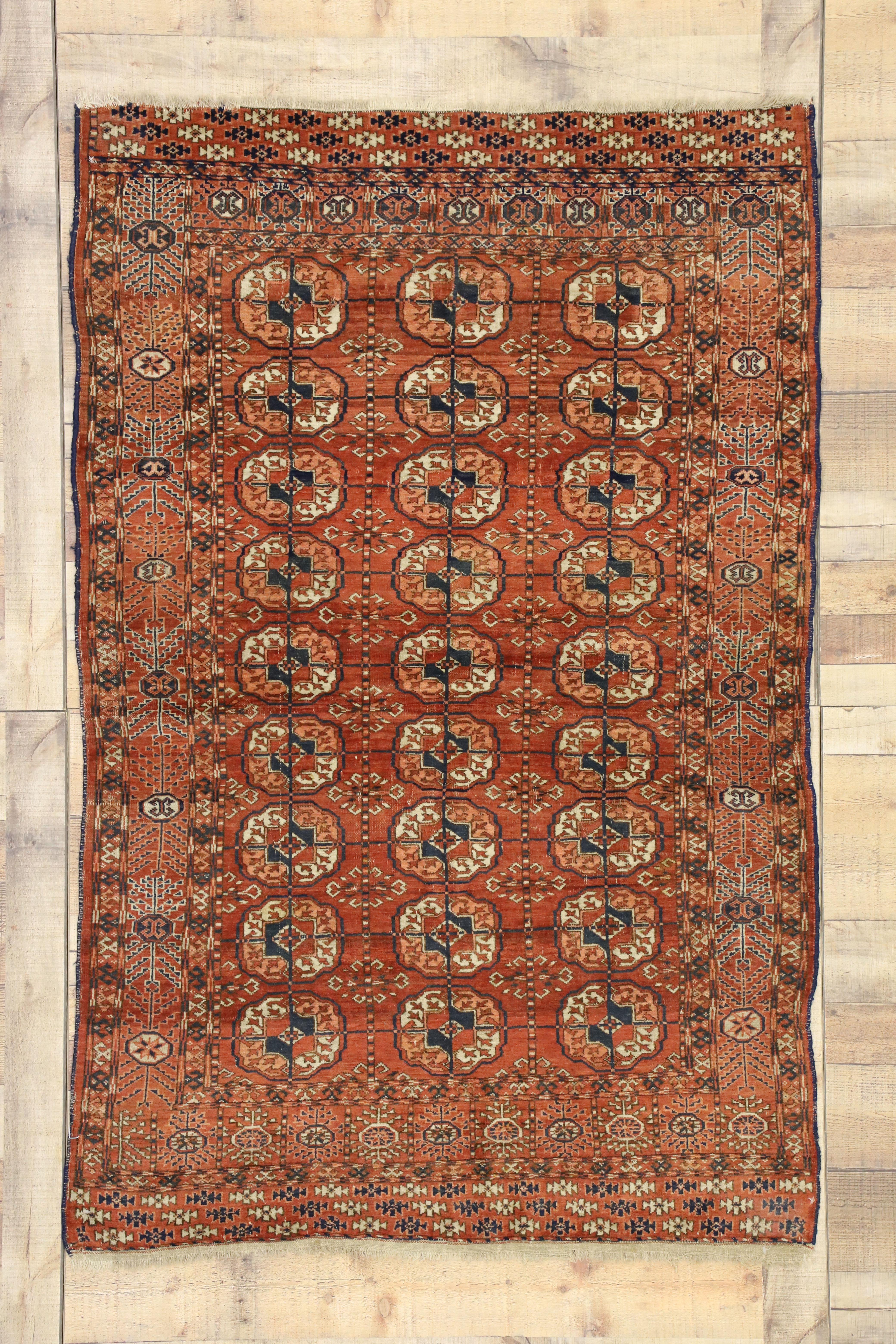 Wool Vintage Turkmen Rug with Modern Tribal Style, Tekke Accent Rug, Turkoman Rug For Sale