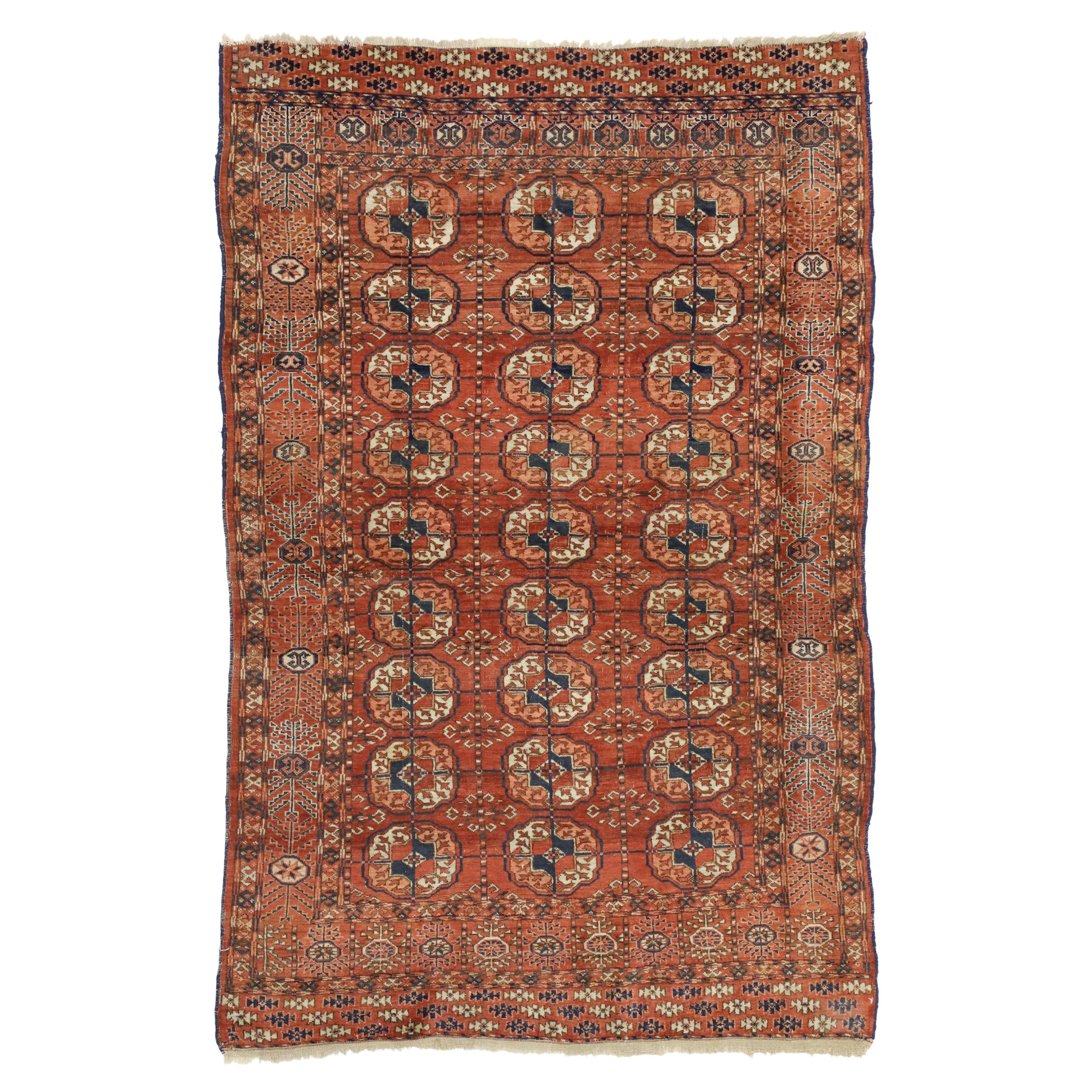 Vintage Turkmen Rug with Modern Tribal Style, Tekke Accent Rug, Turkoman Rug For Sale