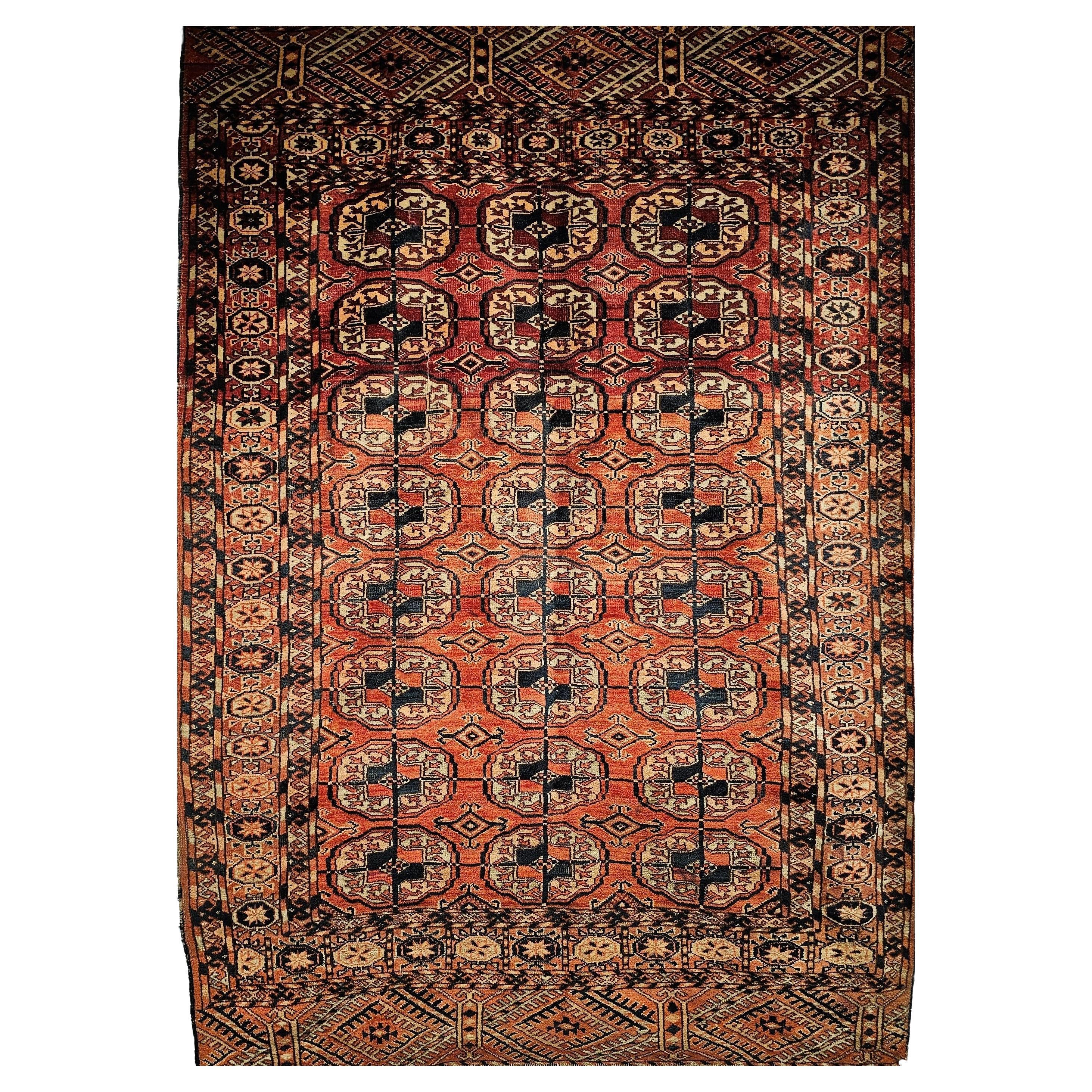 Vintage Turkmen Tekke Area Rug, Hand-Knotted Wool Pile, Brick-Red, Early 1900s For Sale
