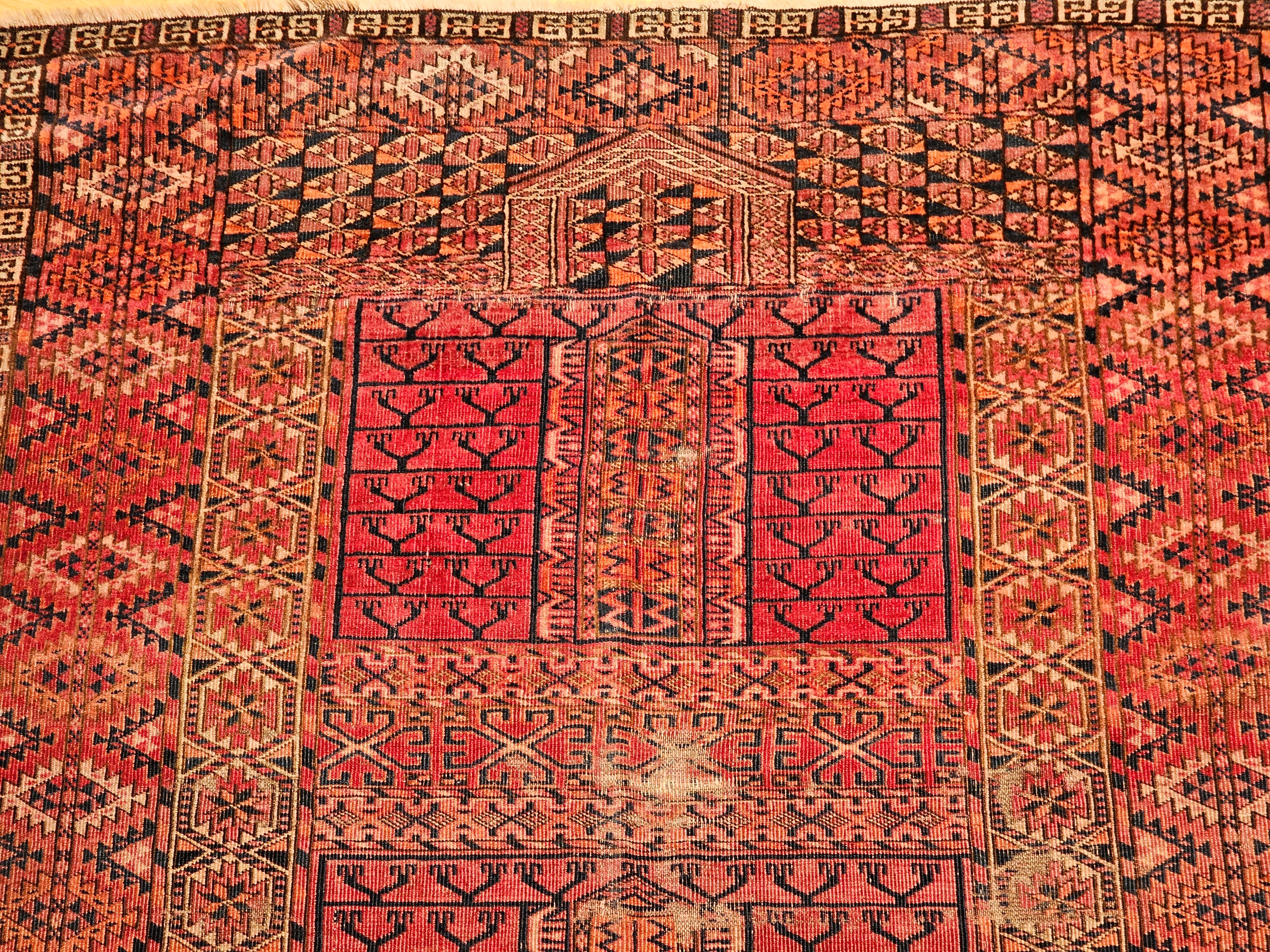 Vintage Turkmen Tekke Ensi in Prayer Pattern in Red, Navy, Ivory, Crimson, Blue For Sale 5