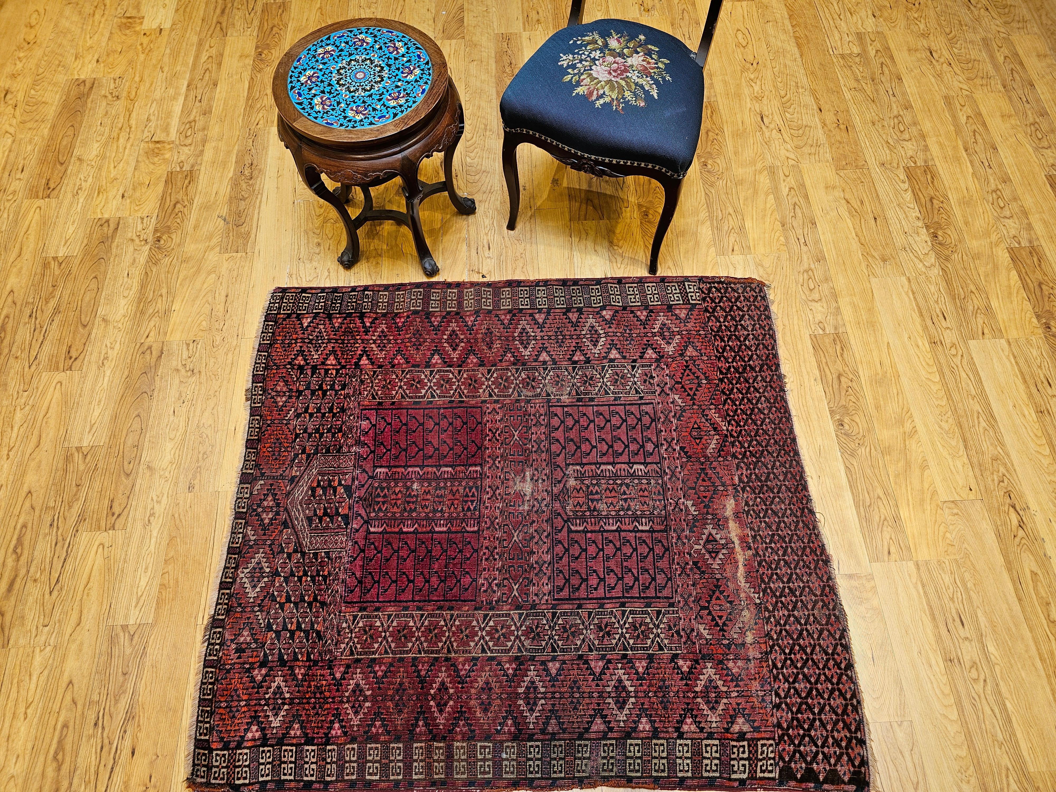 Vintage Turkmen Tekke Ensi in Prayer Pattern in Red, Navy, Ivory, Crimson, Blue For Sale 12