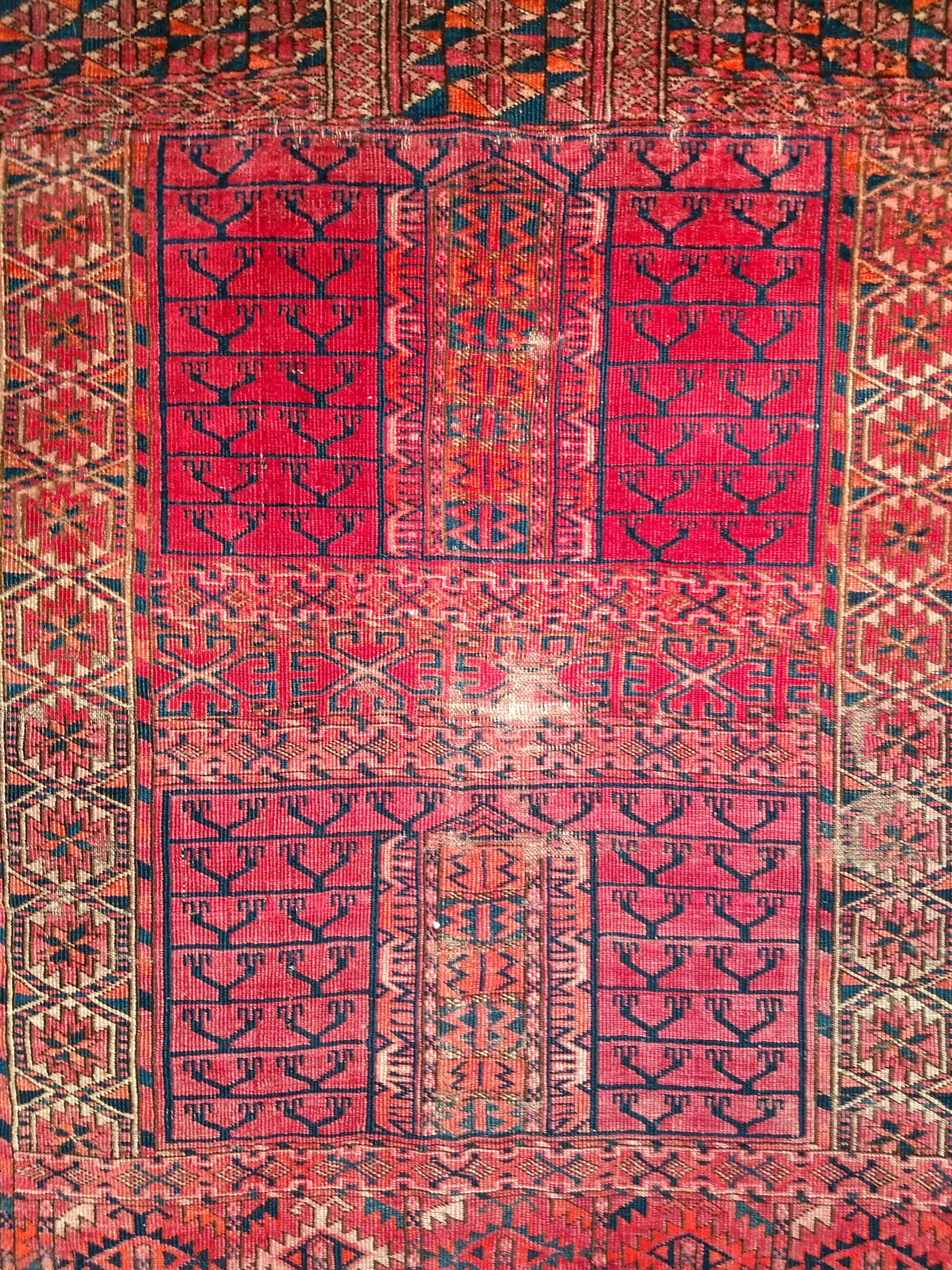 Hand-Knotted Vintage Turkmen Tekke Ensi in Prayer Pattern in Red, Navy, Ivory, Crimson, Blue For Sale