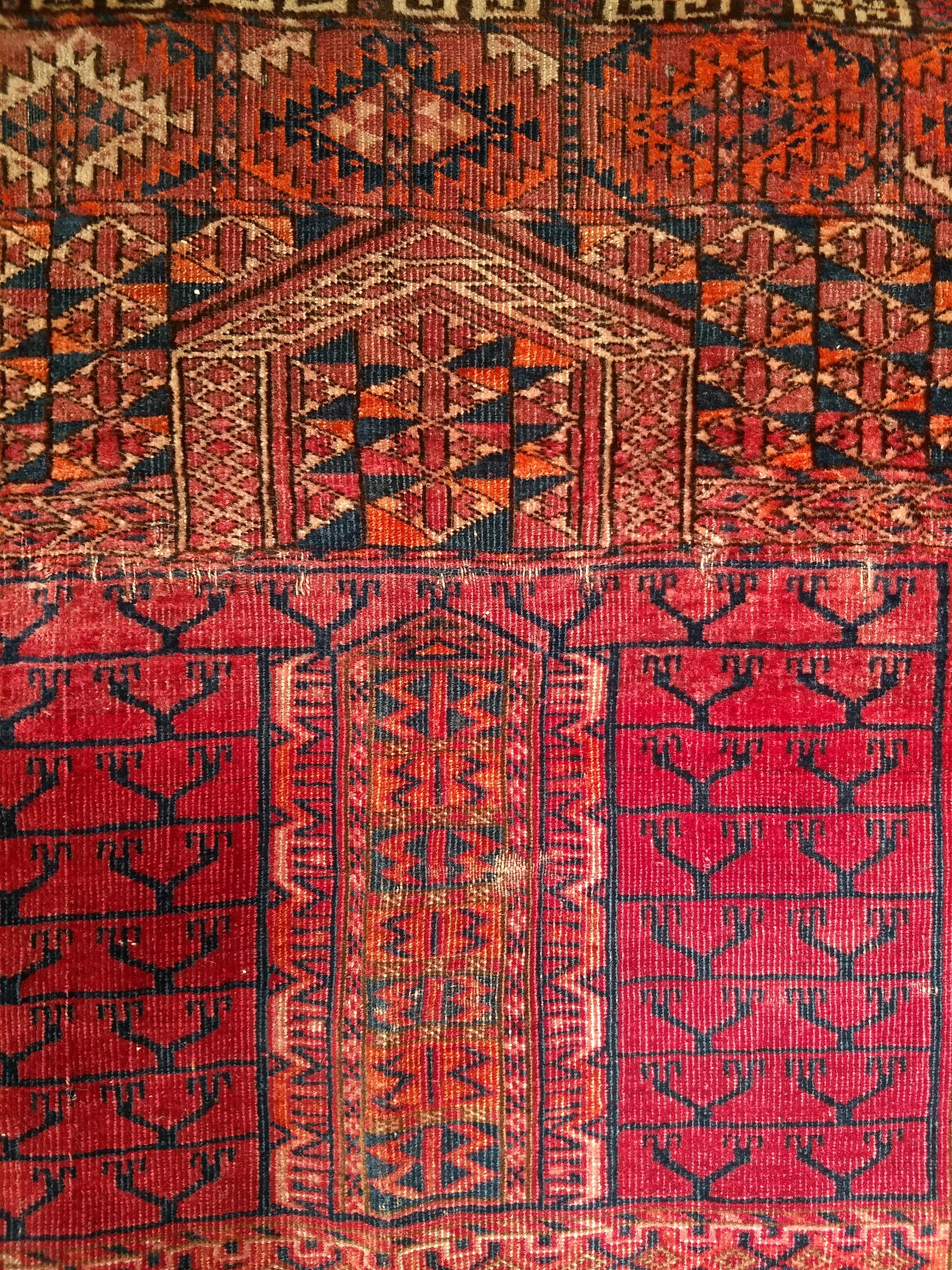 19th Century Vintage Turkmen Tekke Ensi in Prayer Pattern in Red, Navy, Ivory, Crimson, Blue For Sale