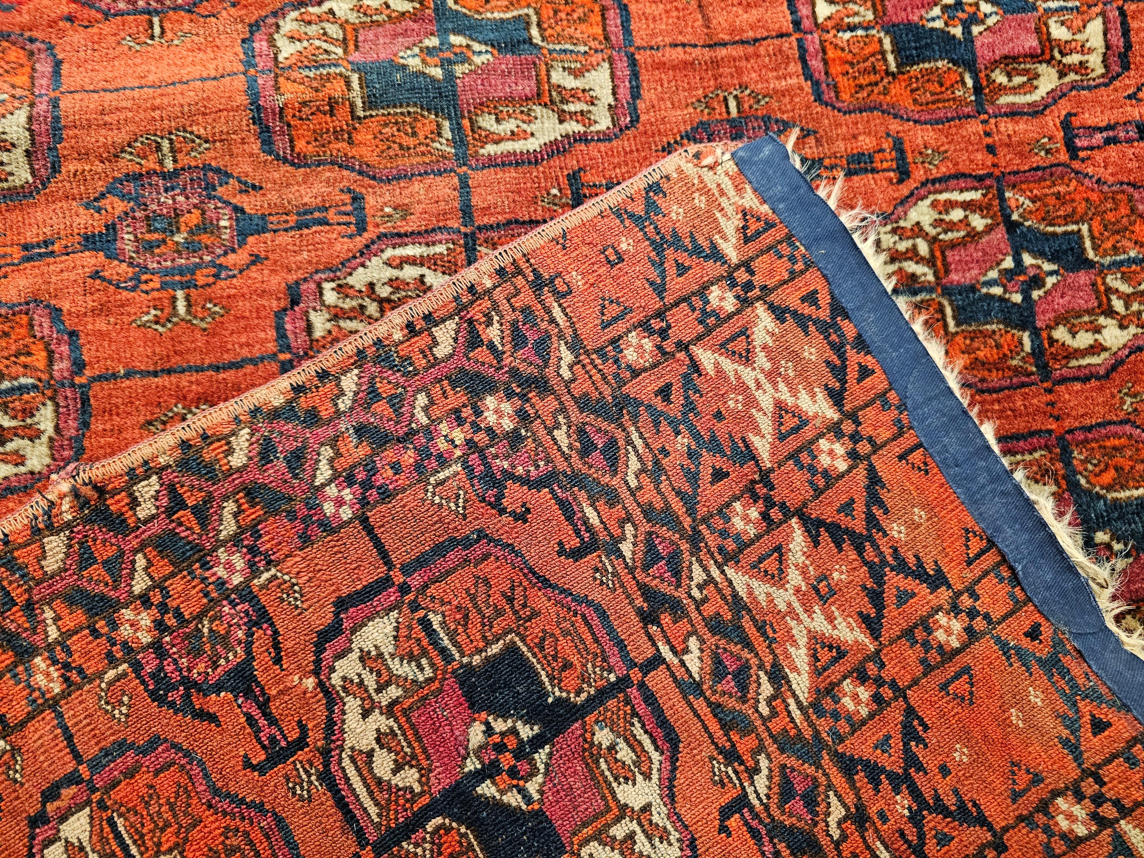 Vintage Turkmen Tekke in Allover Geometric Pattern in Red, Navy, Ivory, Blue For Sale 6