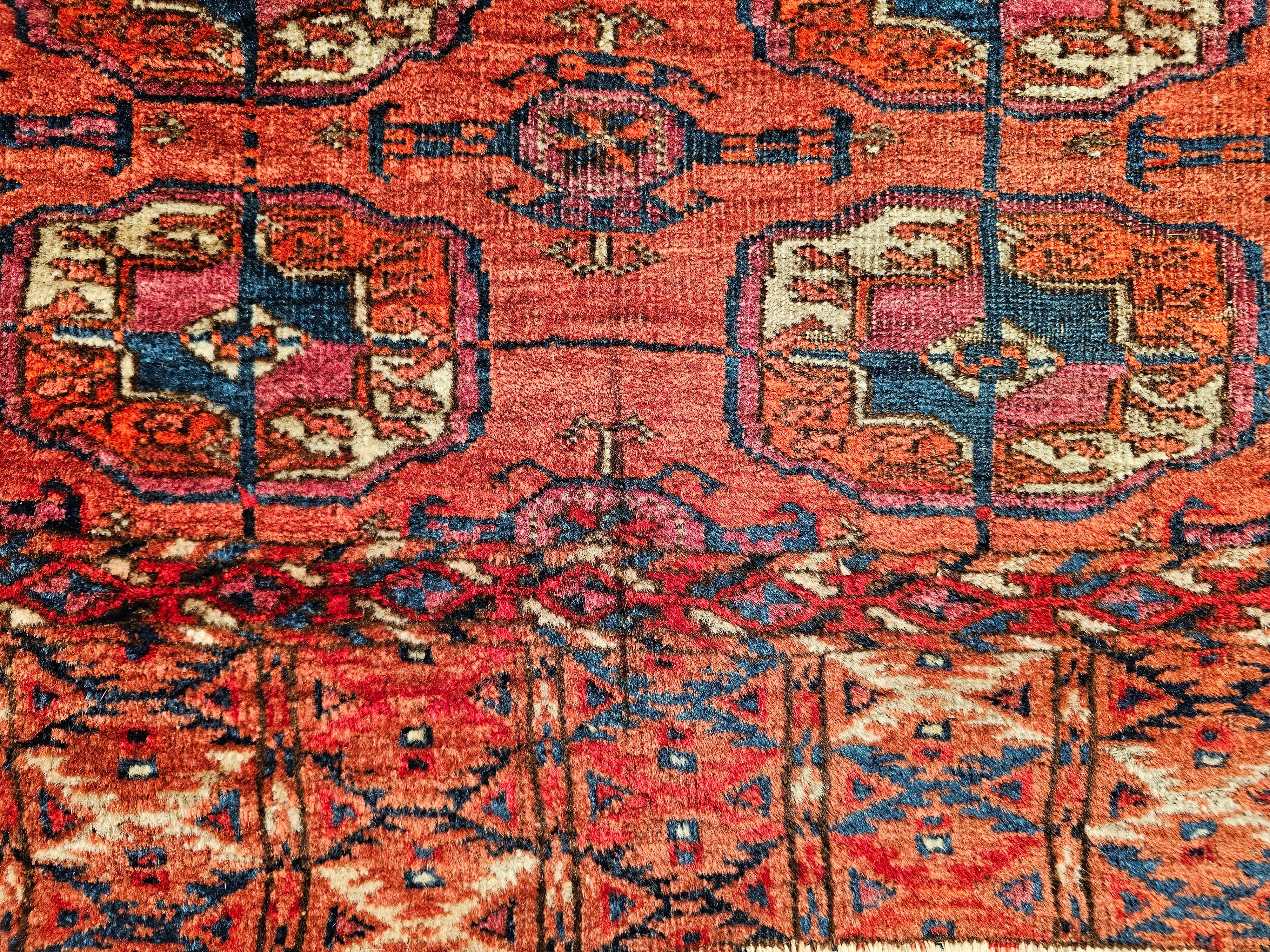 Vintage Turkmen Tekke in Allover Geometric Pattern in Red, Navy, Ivory, Blue For Sale 5