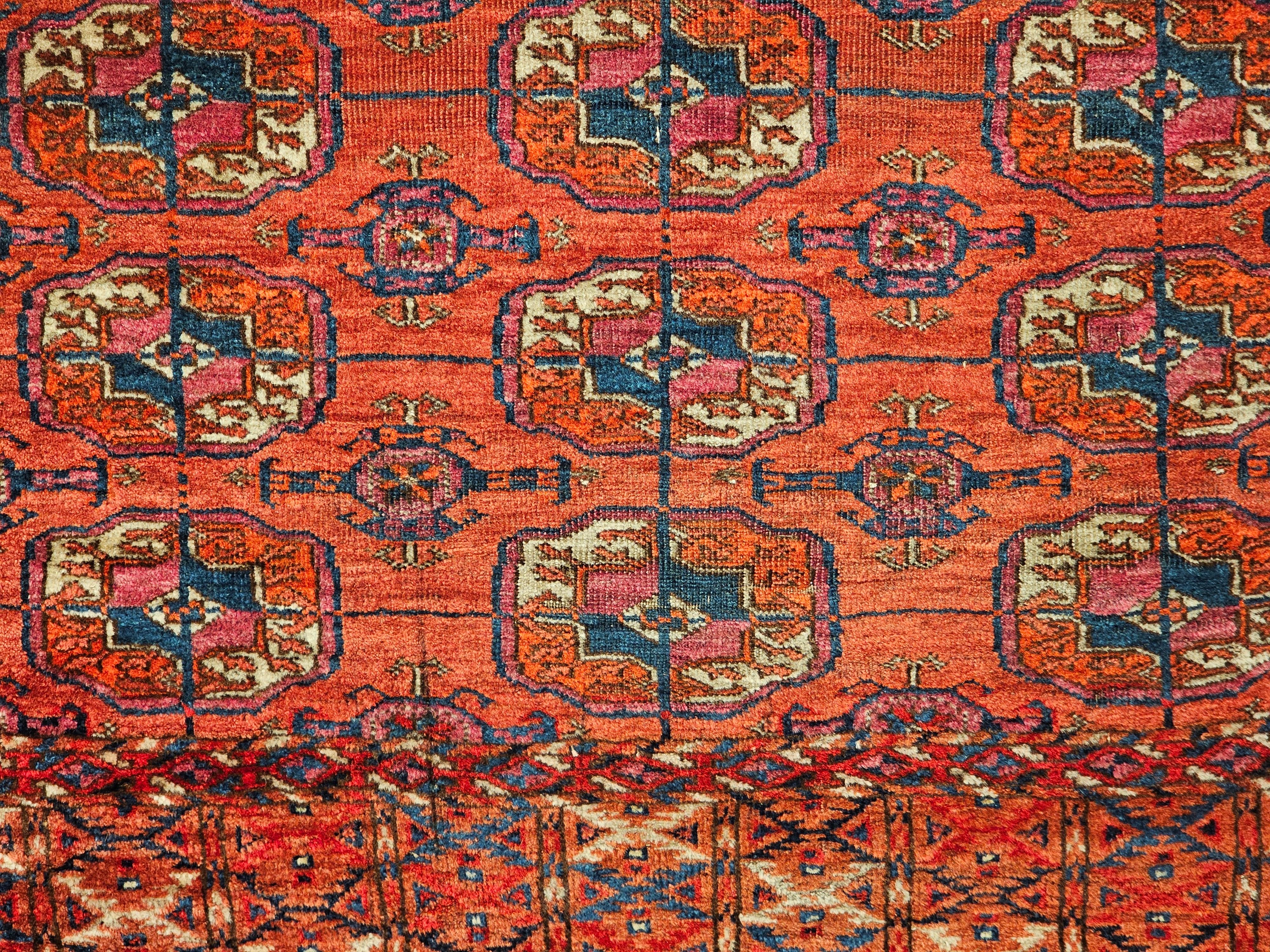Vintage Turkmen Tekke in Allover Geometric Pattern in Red, Navy, Ivory, Blue For Sale 2