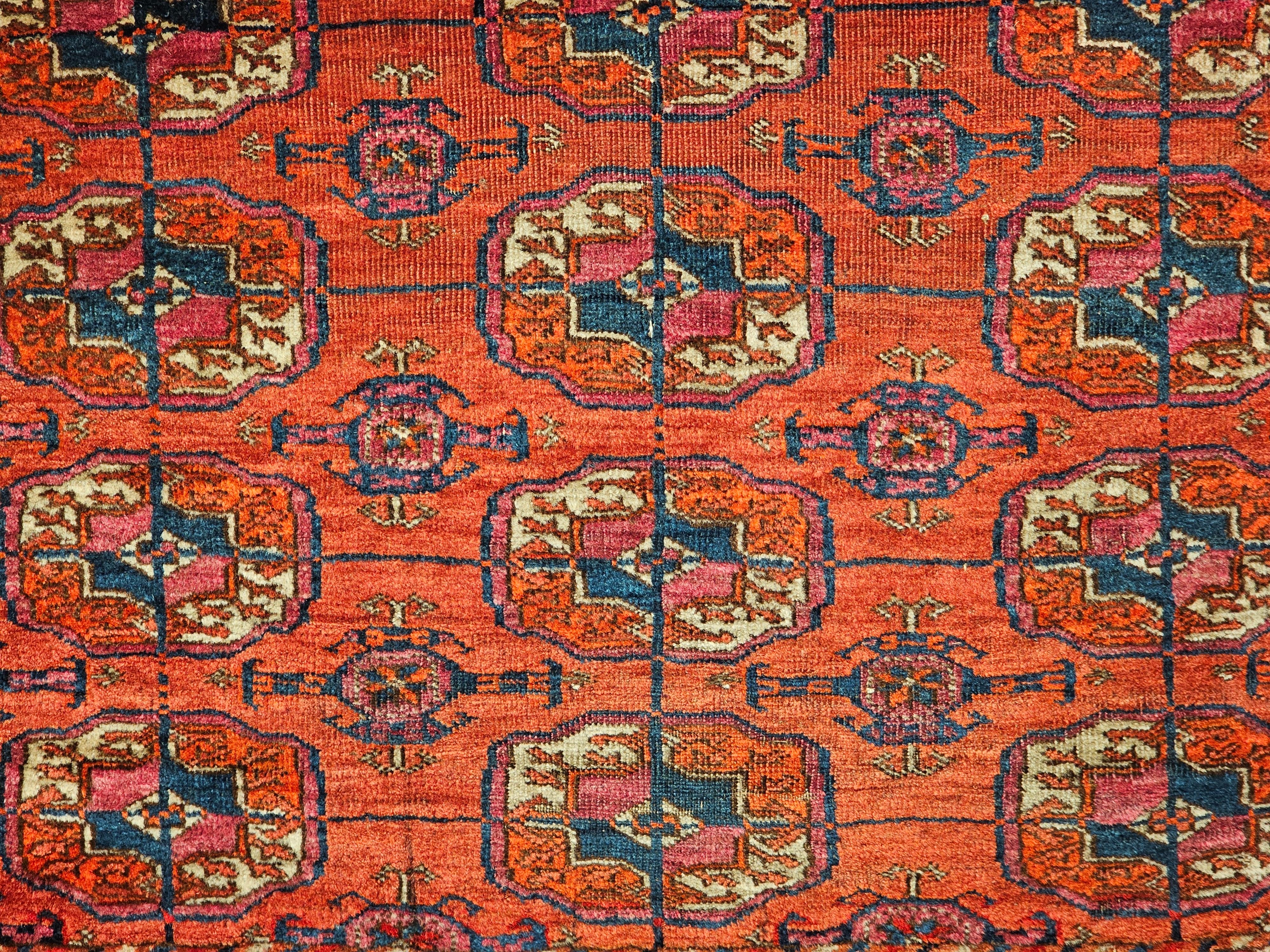 Vintage Turkmen Tekke in Allover Geometric Pattern in Red, Navy, Ivory, Blue For Sale 3