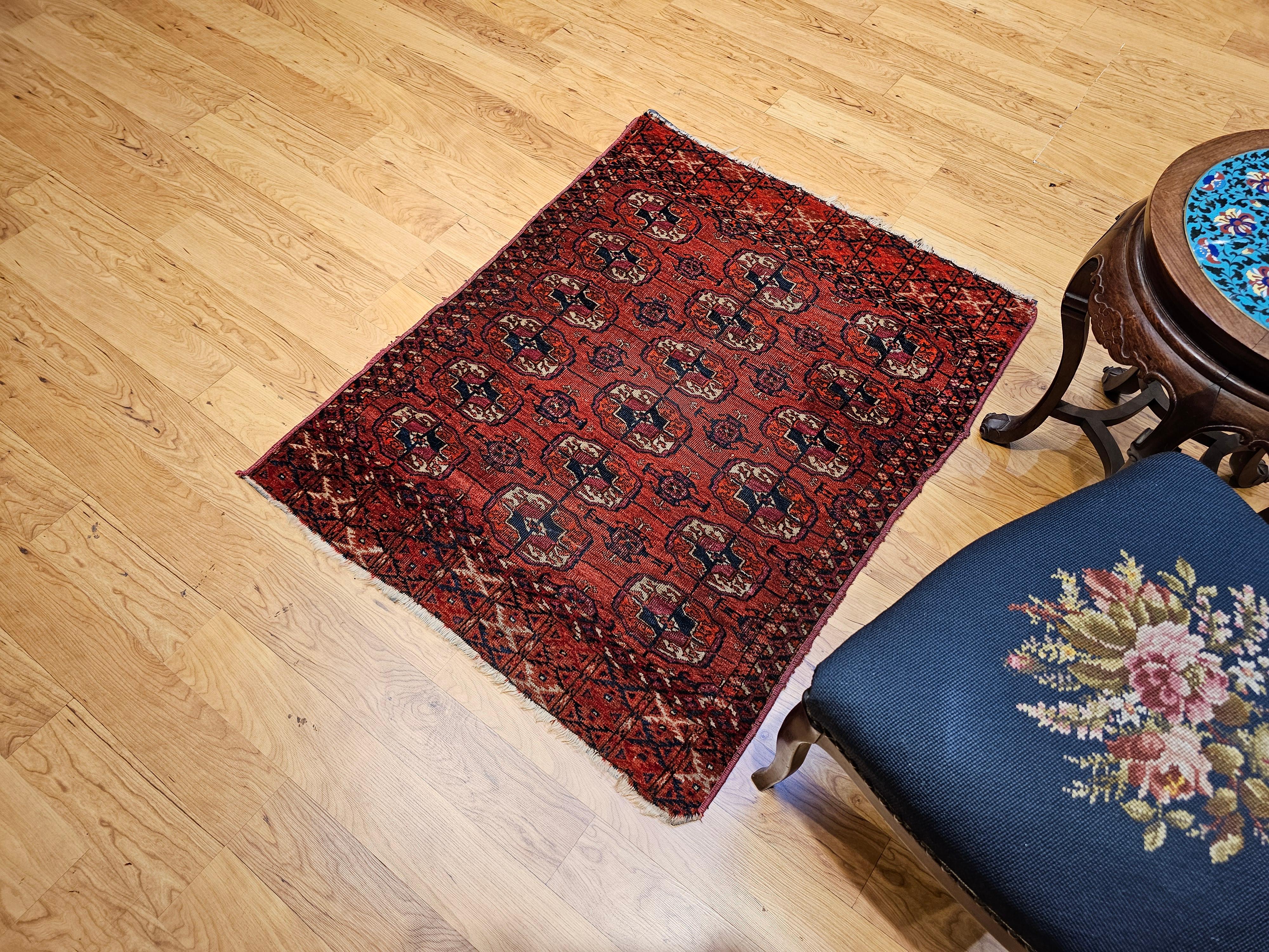 Vintage Turkmen Tekke in Allover Geometric Pattern in Red, Navy, Ivory, Blue For Sale 9