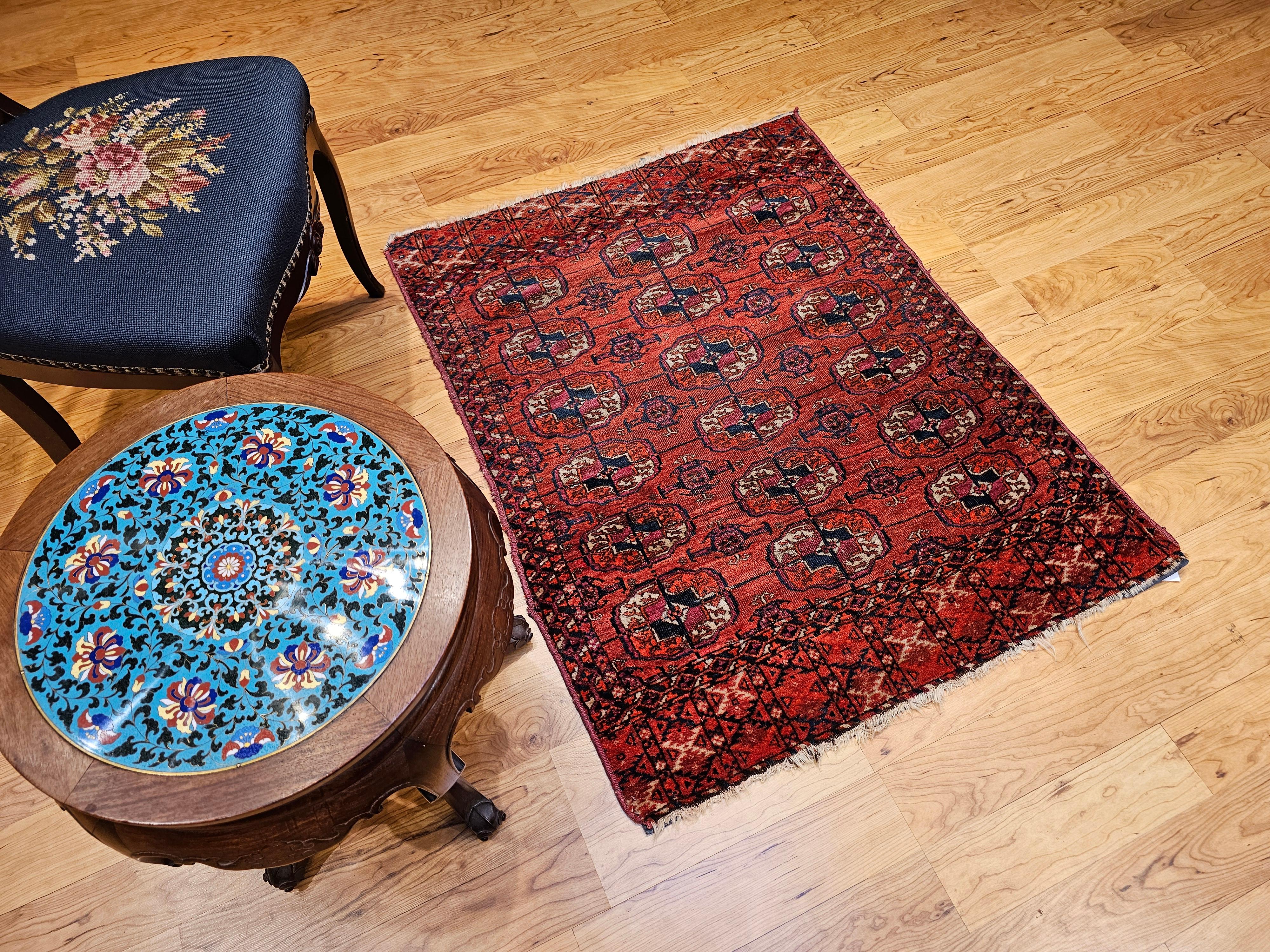 Vintage Turkmen Tekke in Allover Geometric Pattern in Red, Navy, Ivory, Blue For Sale 11