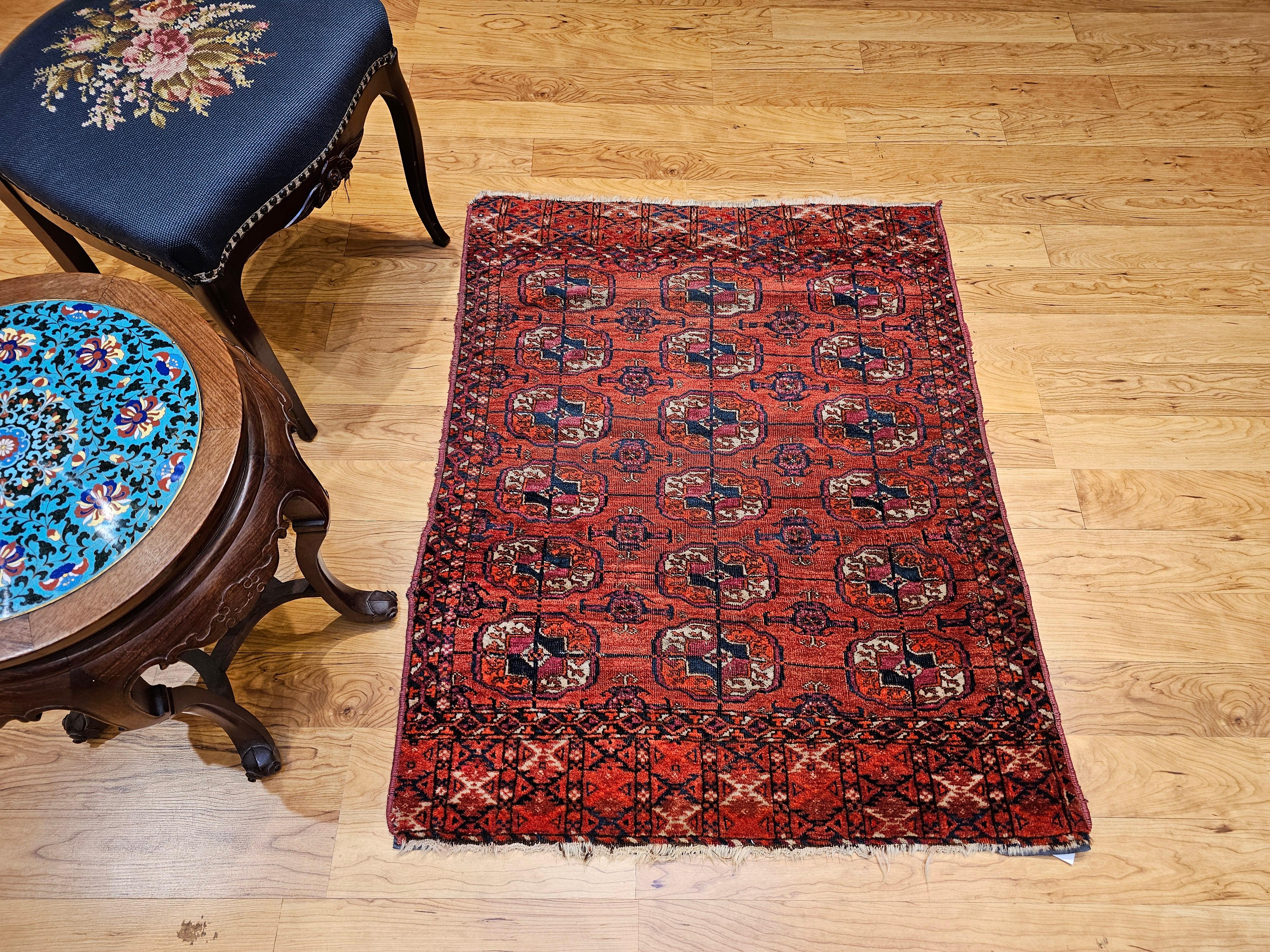 Vintage Turkmen Tekke in Allover Geometric Pattern in Red, Navy, Ivory, Blue For Sale 12