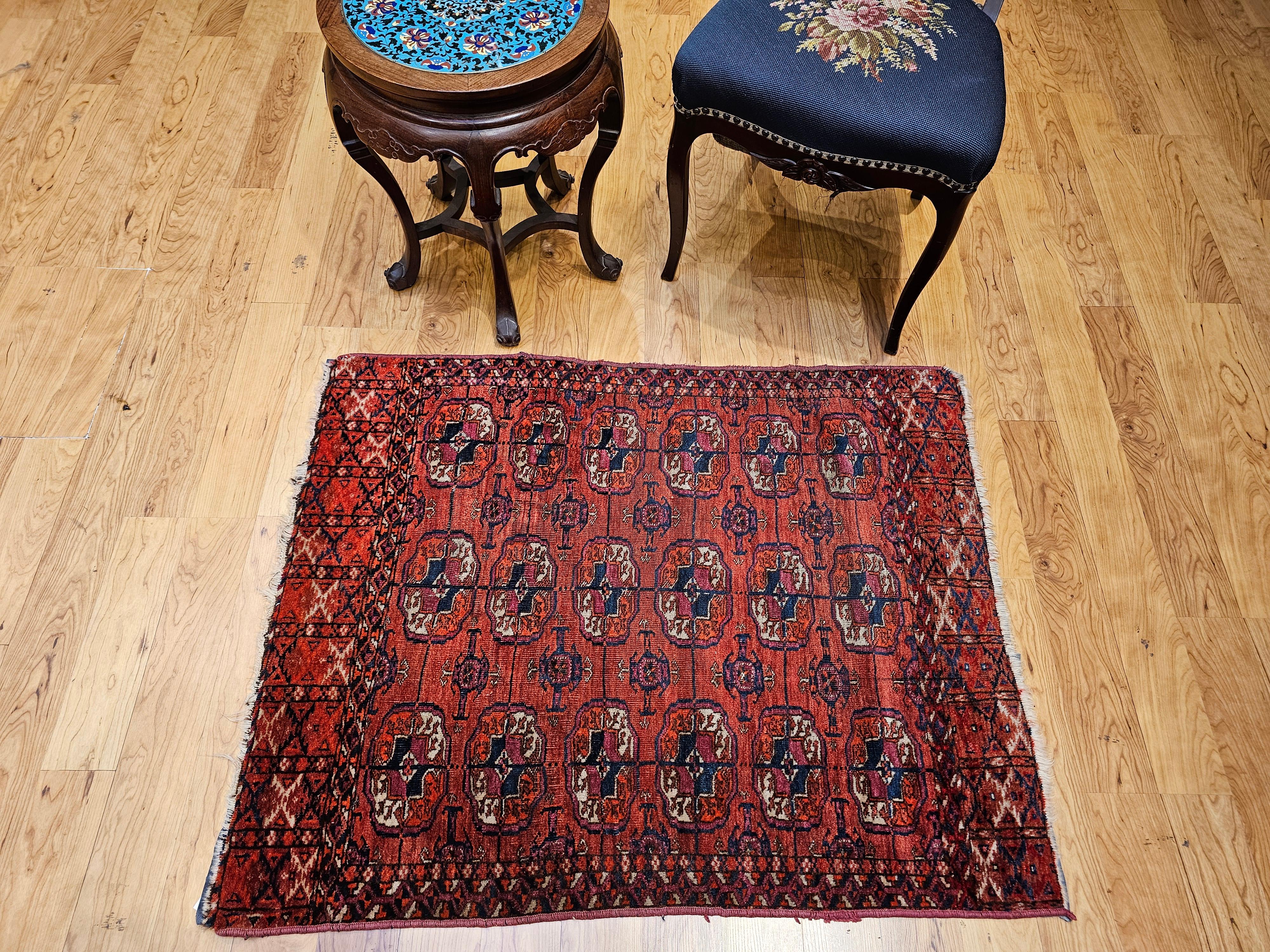 Vintage Turkmen Tekke in Allover Geometric Pattern in Red, Navy, Ivory, Blue For Sale 10