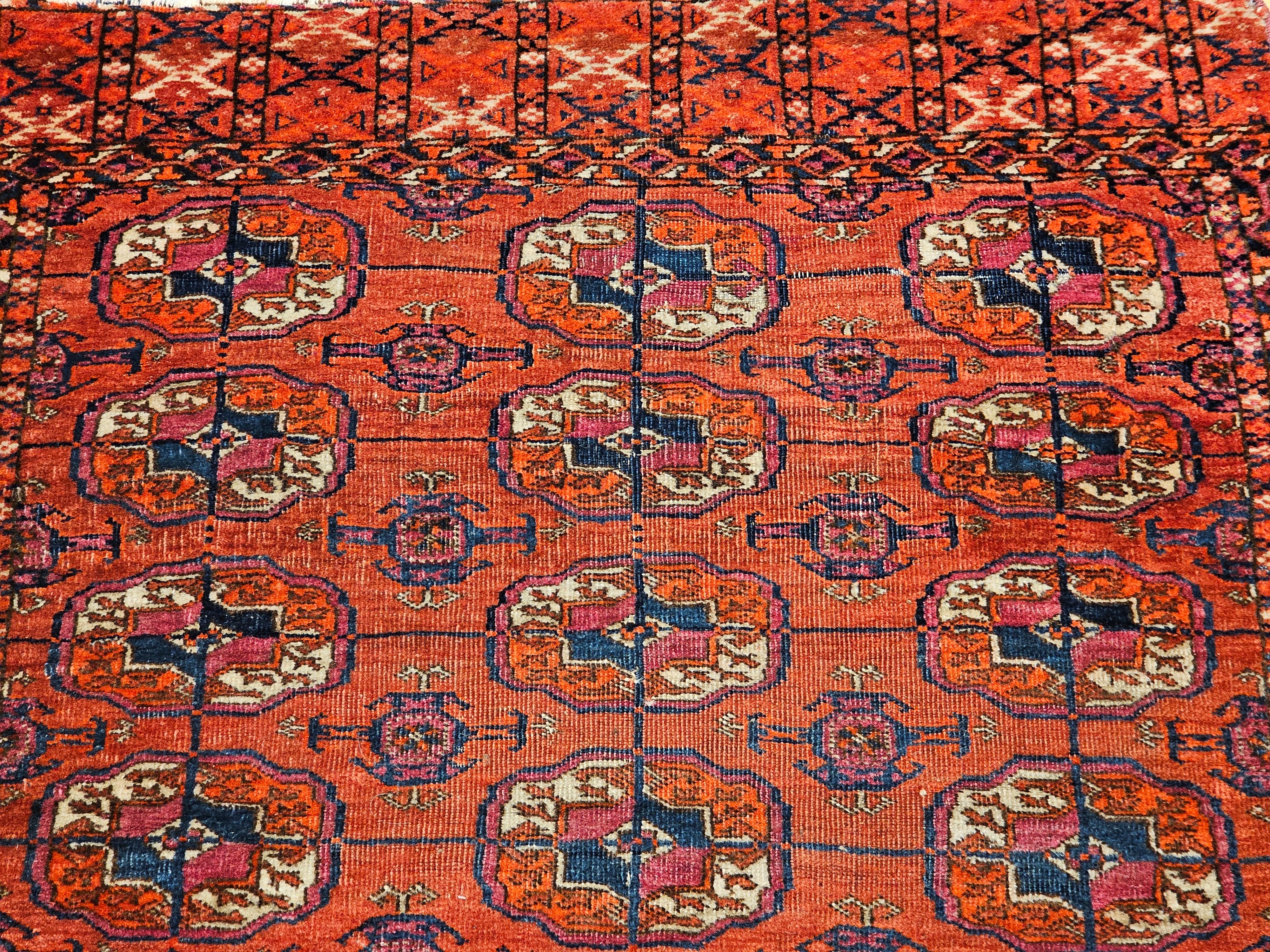 19th Century Vintage Turkmen Tekke in Allover Geometric Pattern in Red, Navy, Ivory, Blue For Sale