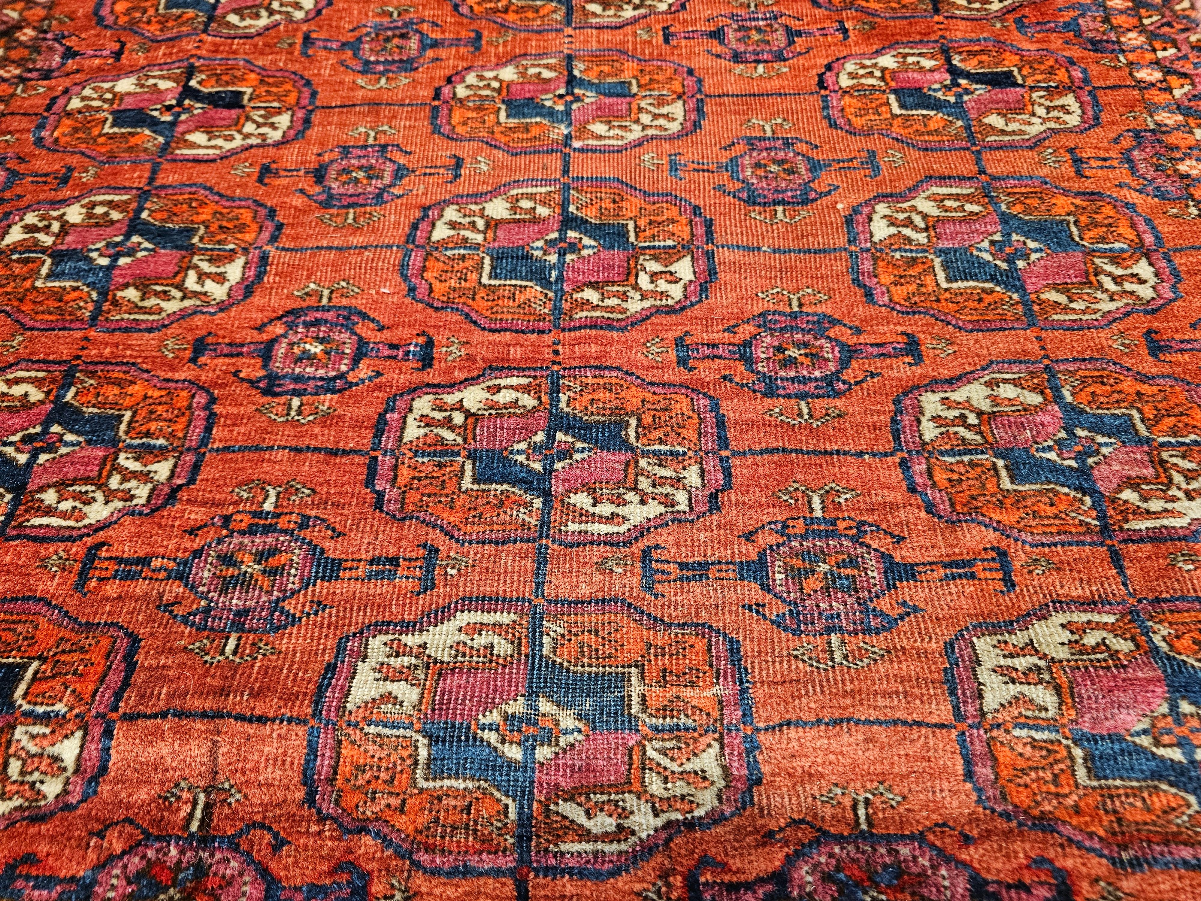 Vintage Turkmen Tekke in Allover Geometric Pattern in Red, Navy, Ivory, Blue For Sale 1