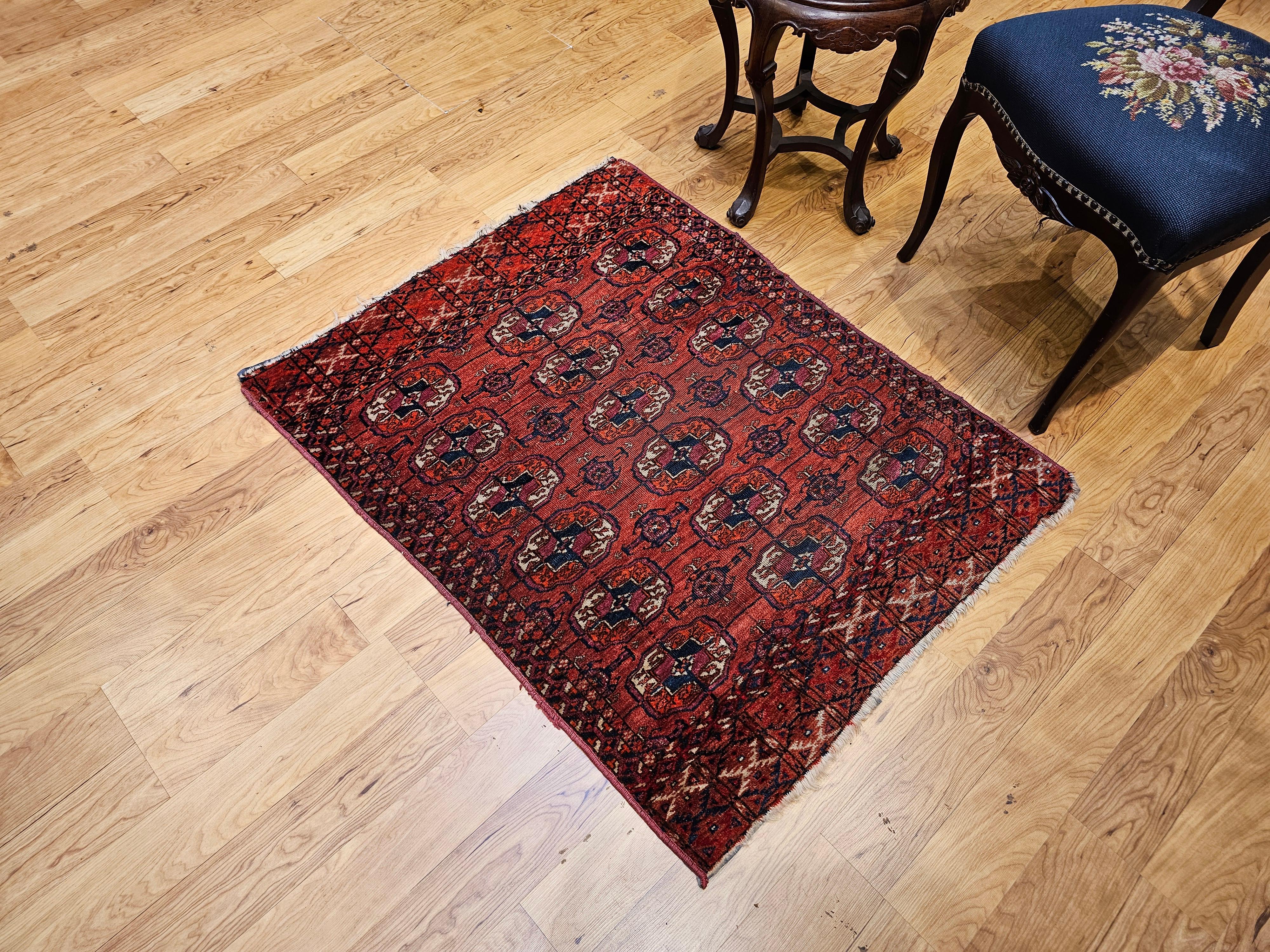 Vintage Turkmen Tekke in Allover Geometric Pattern in Red, Navy, Ivory, Blue For Sale 7