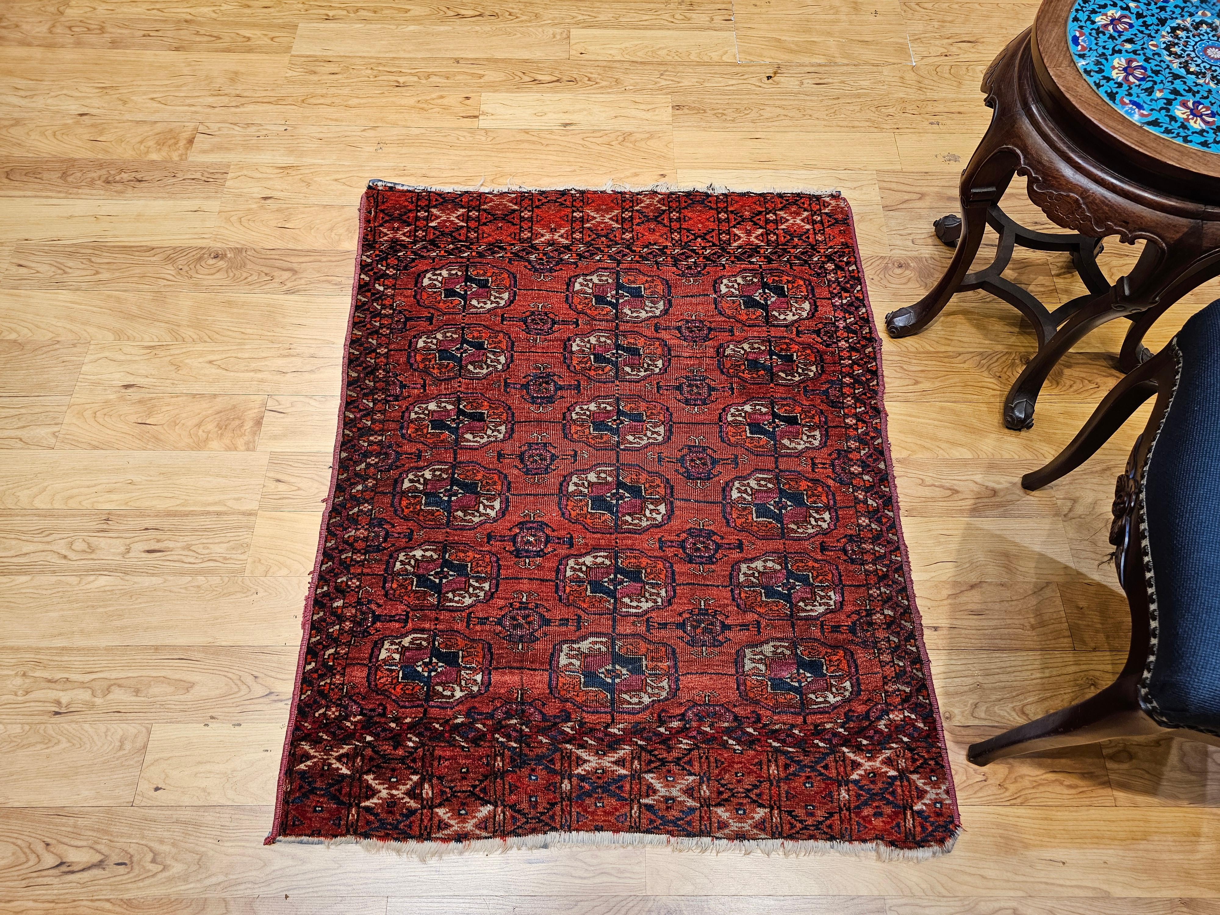 Vintage Turkmen Tekke in Allover Geometric Pattern in Red, Navy, Ivory, Blue For Sale 8
