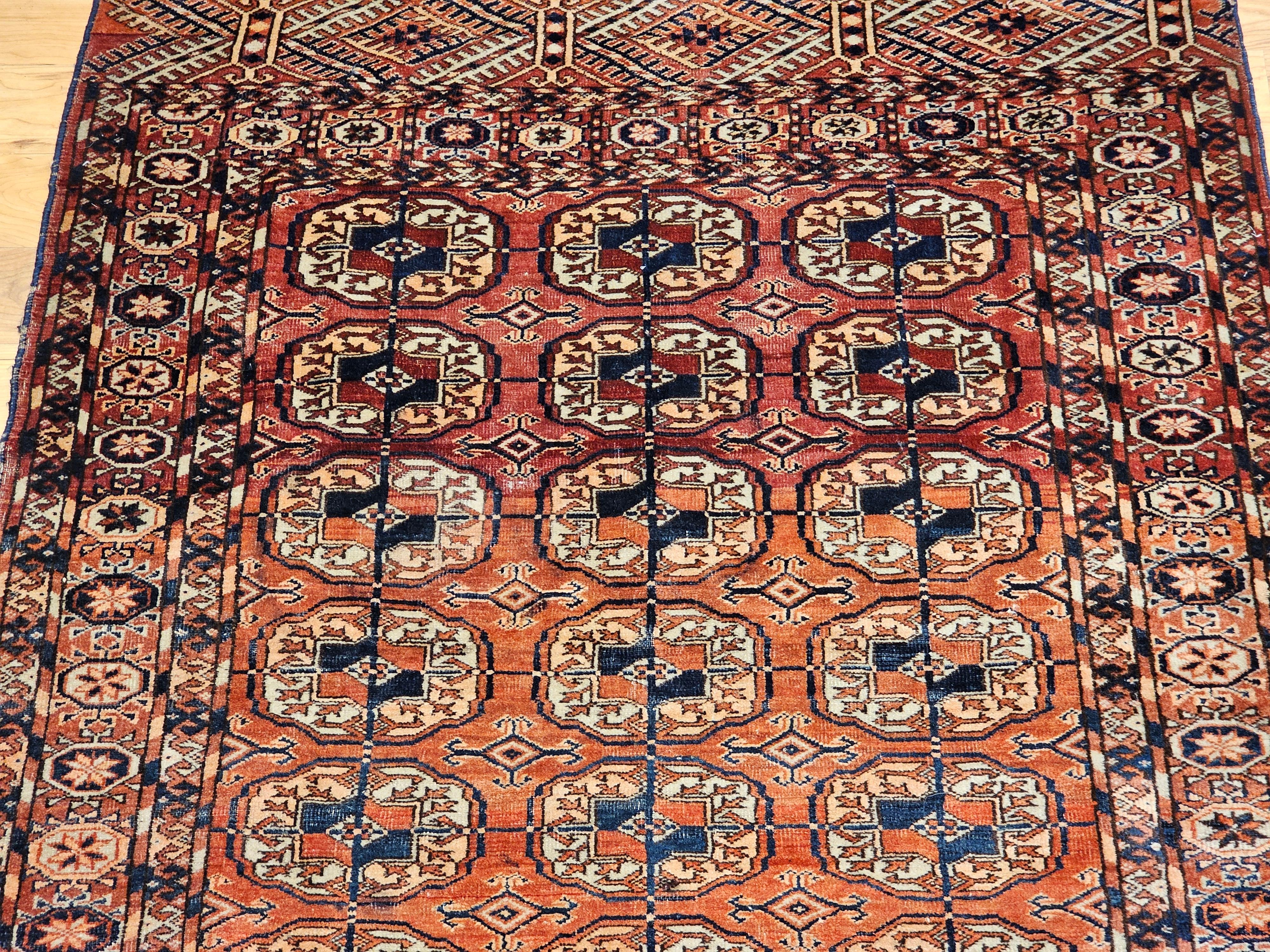 20th Century Vintage Turkmen Tekke in Allover Pattern in Brick-Red, Navy, Ivory, Blue, Yellow For Sale