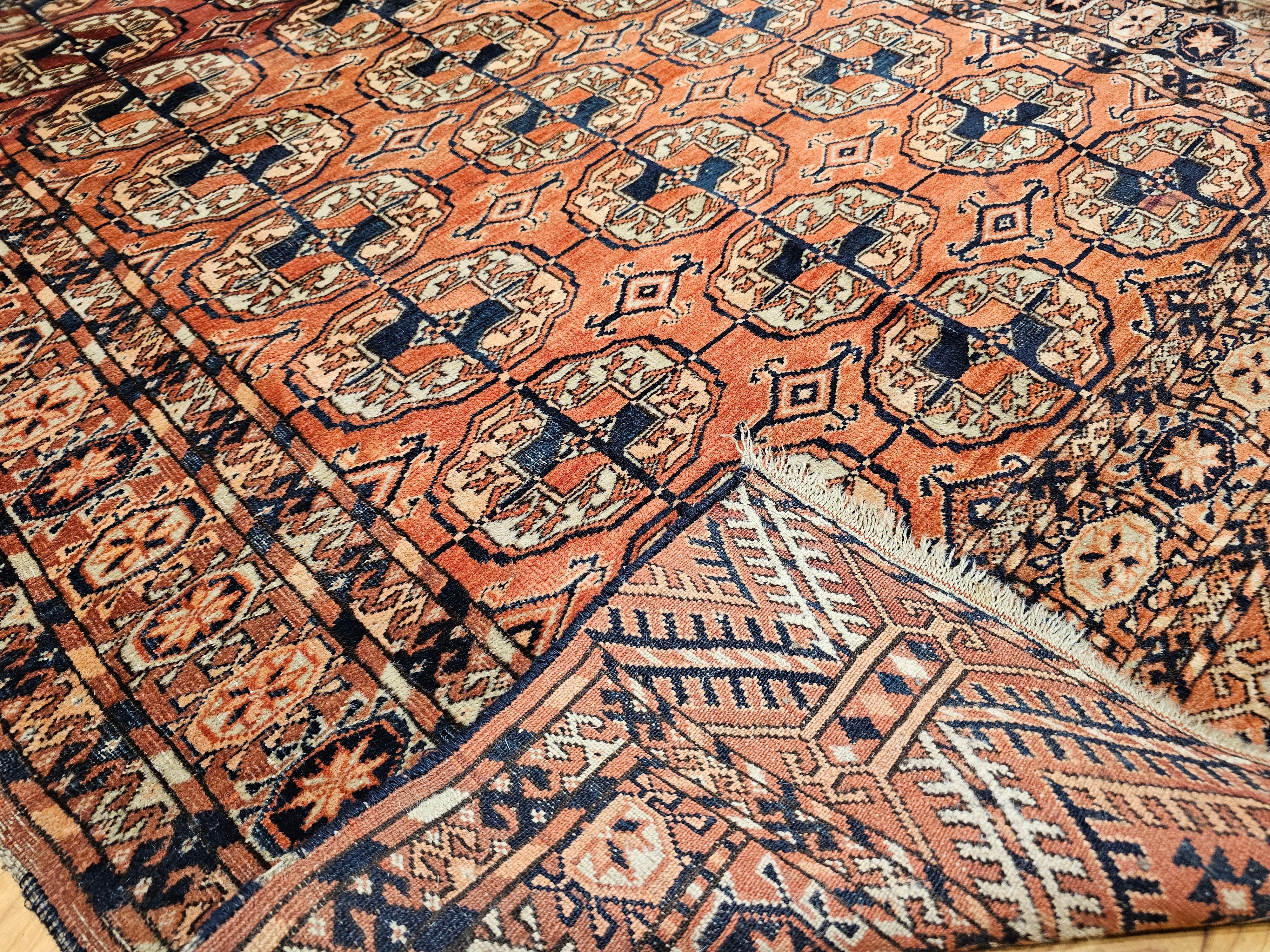 Vintage Turkmen Tekke in Allover Pattern in Brick-Red, Navy, Ivory, Blue, Yellow For Sale 2