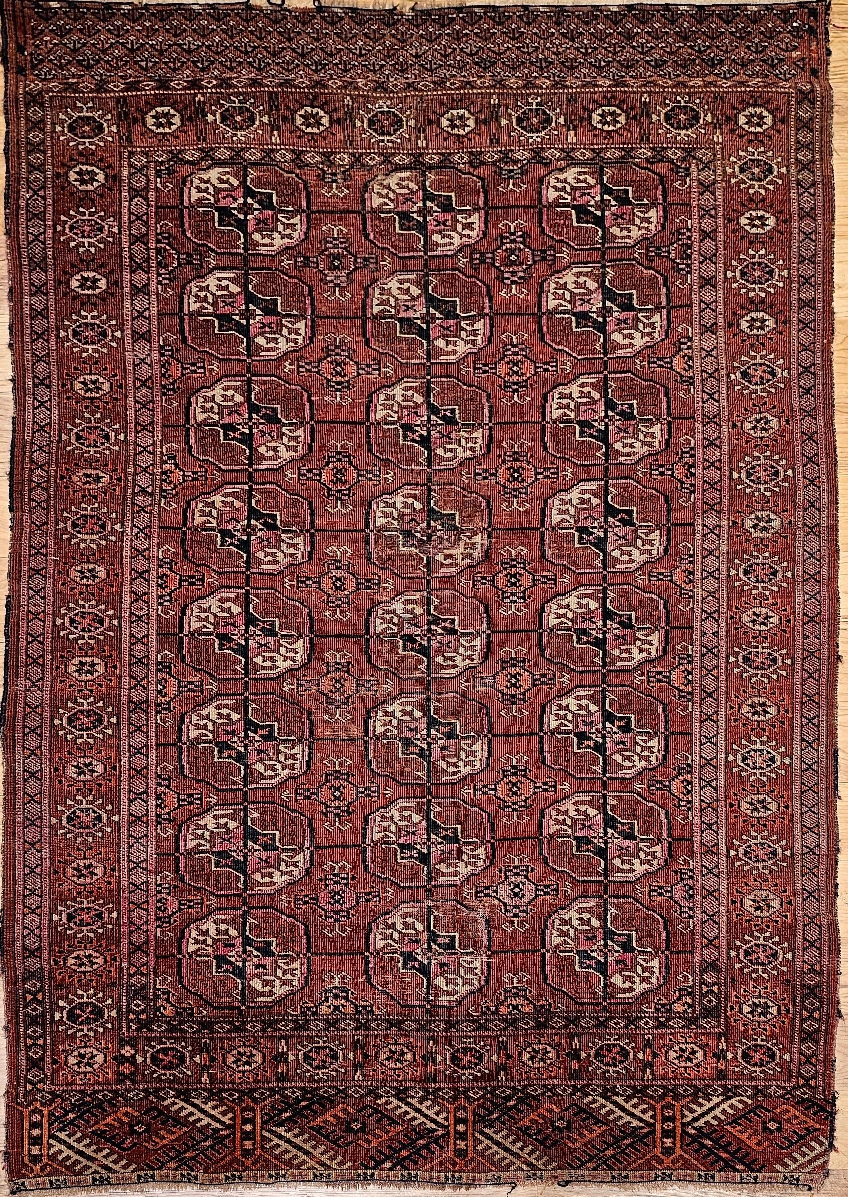Vintage Turkmen Tekke in Allover Pattern in Brick-Red, Navy, Yellow, Pink, Ivory For Sale 8