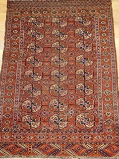 Vintage Turkmen Tekke Rug in Allover Geometric Pattern in Brick-Red, Navy, Pink