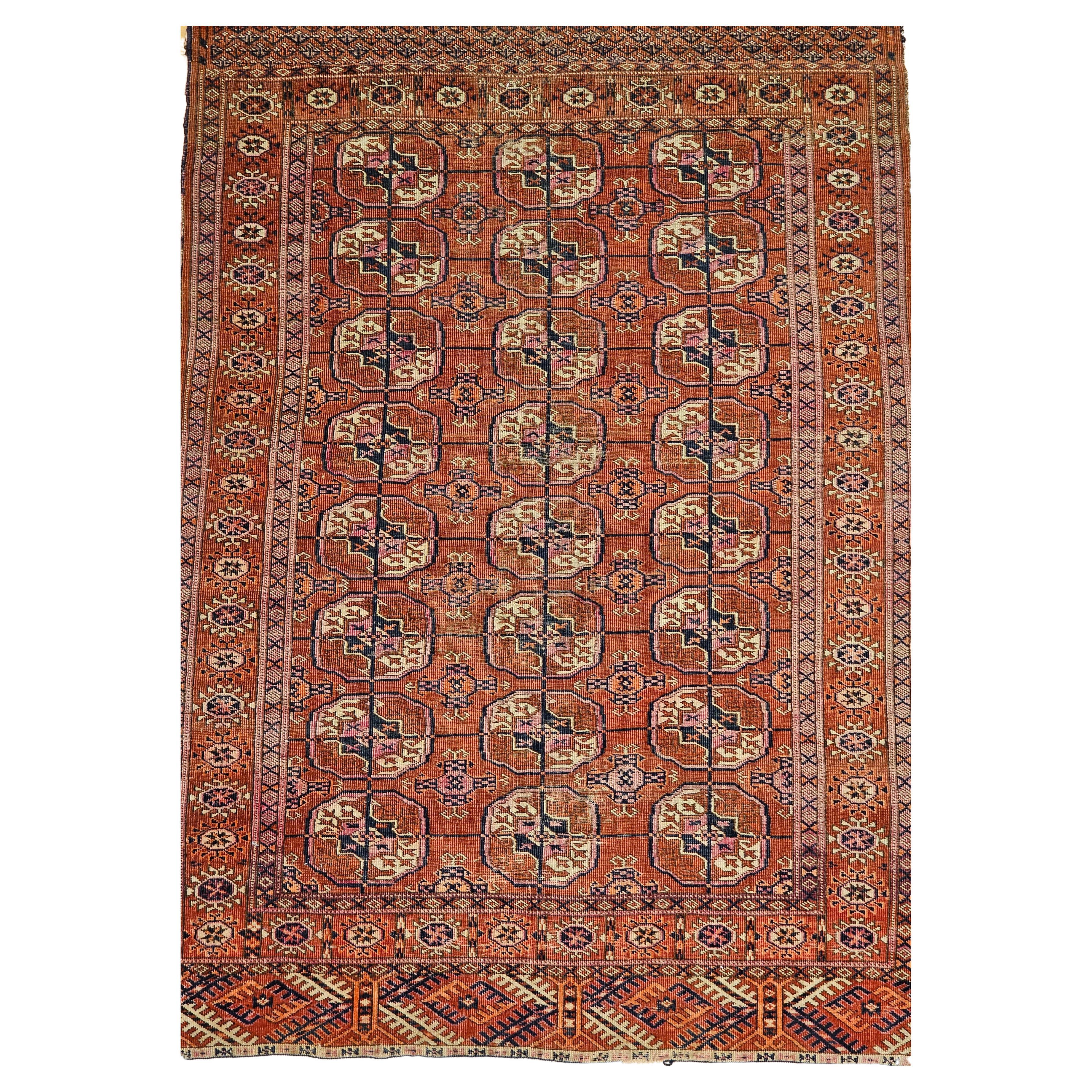 Vintage Turkmen Tekke in Allover Pattern in Brick-Red, Navy, Yellow, Pink, Ivory For Sale