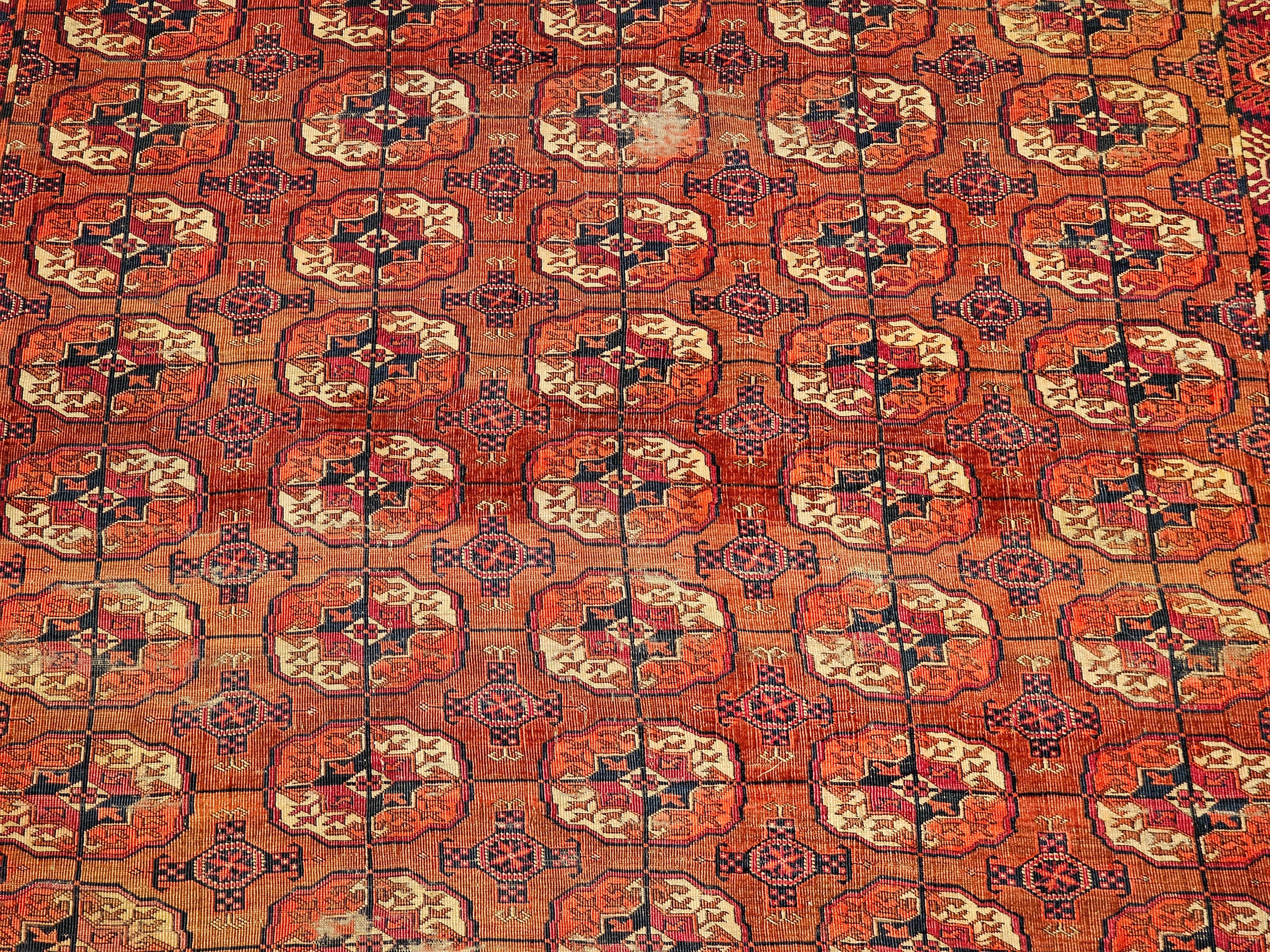 Vintage Turkmen Tekke in Allover Pattern in Red, Navy, Ivory, Crimson, Blue For Sale 1