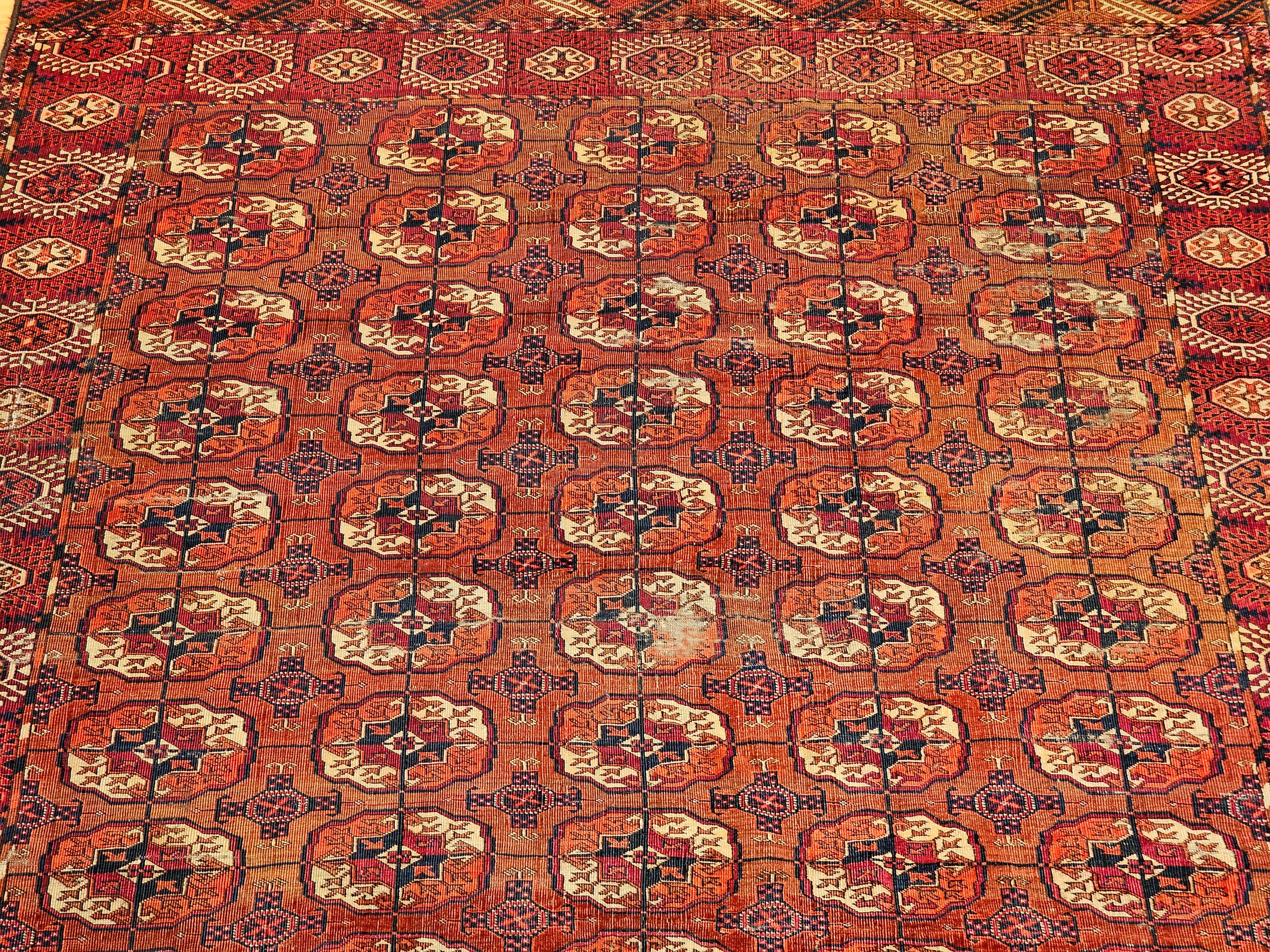 Vintage Turkmen Tekke in Allover Pattern in Red, Navy, Ivory, Crimson, Blue For Sale 2