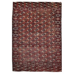 Antique Turkmen Tekke Room-Size Rug in Allover Pattern in Red, Navy, Ivory, Blue