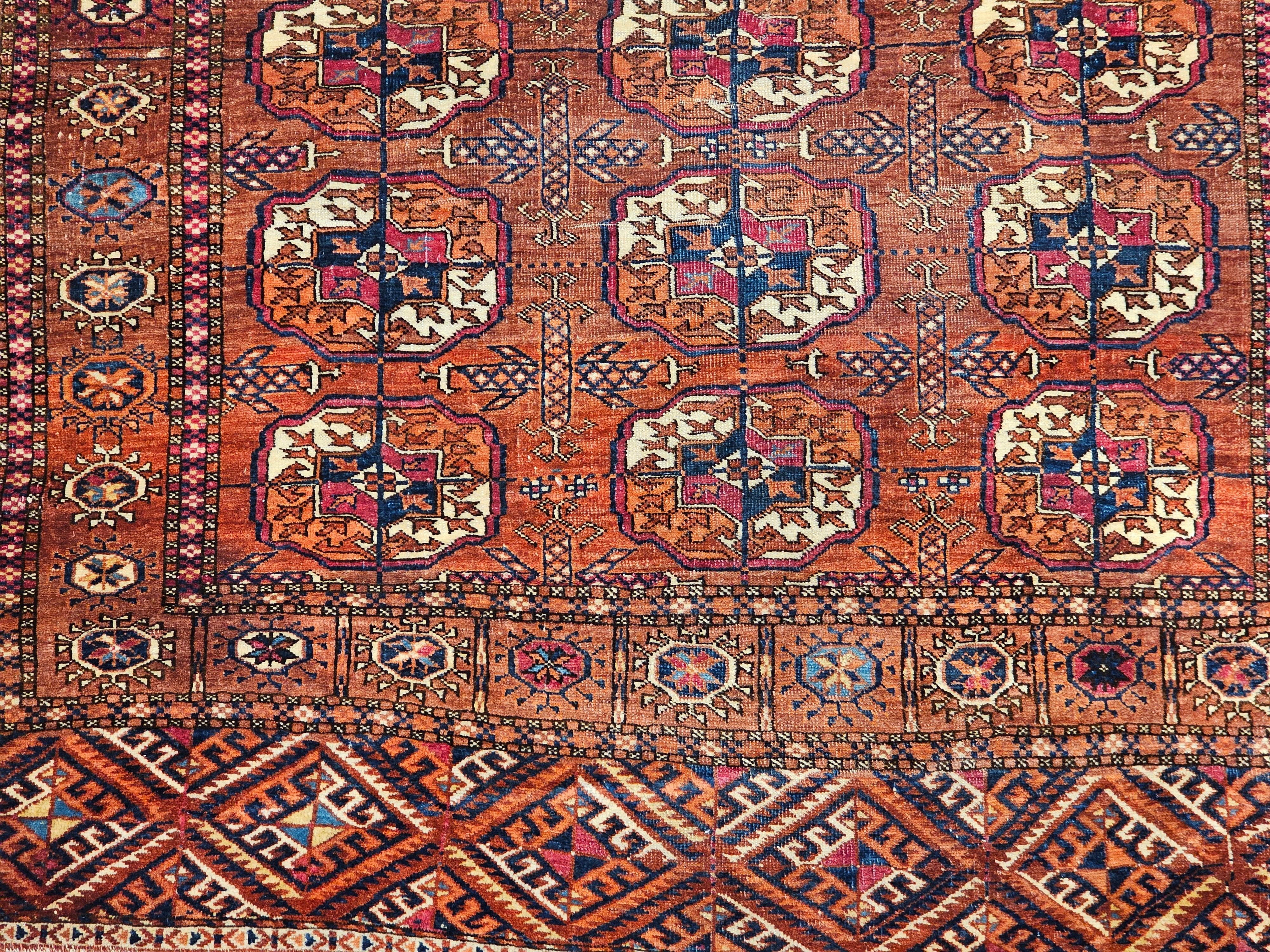 Wool Vintage Turkmen Tekke in Allover Pattern in Red, Navy, Ivory, Yellow, Blue For Sale