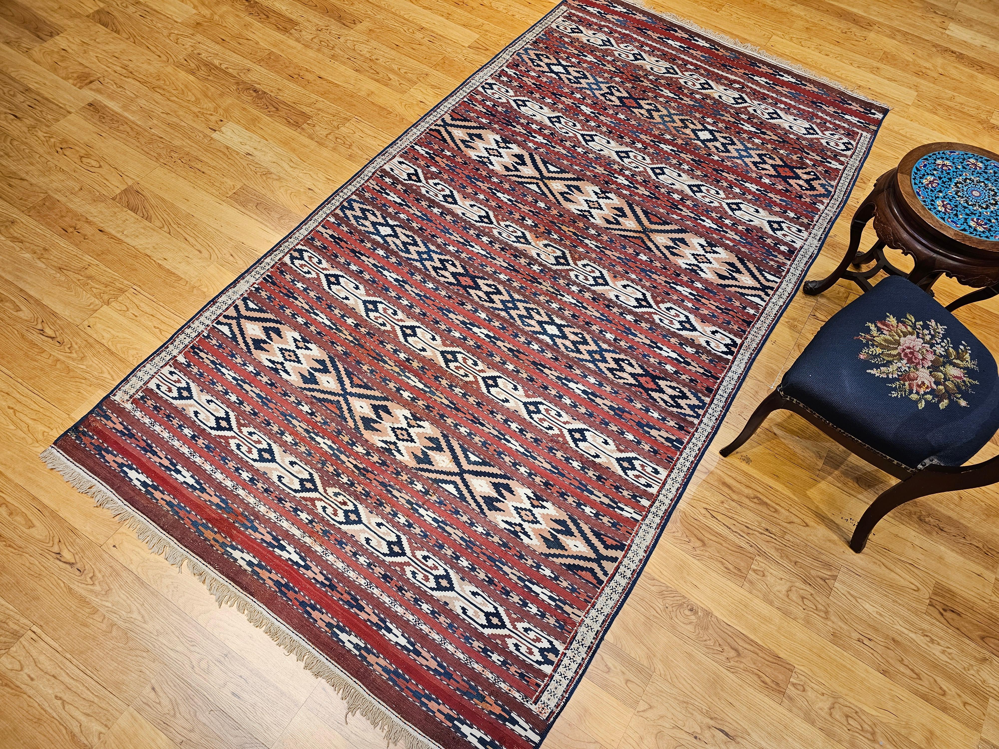 Vintage Turkmen Yomut Kilim in Stripe Pattern in Beige, Rust, Ivory, French Blue For Sale 5