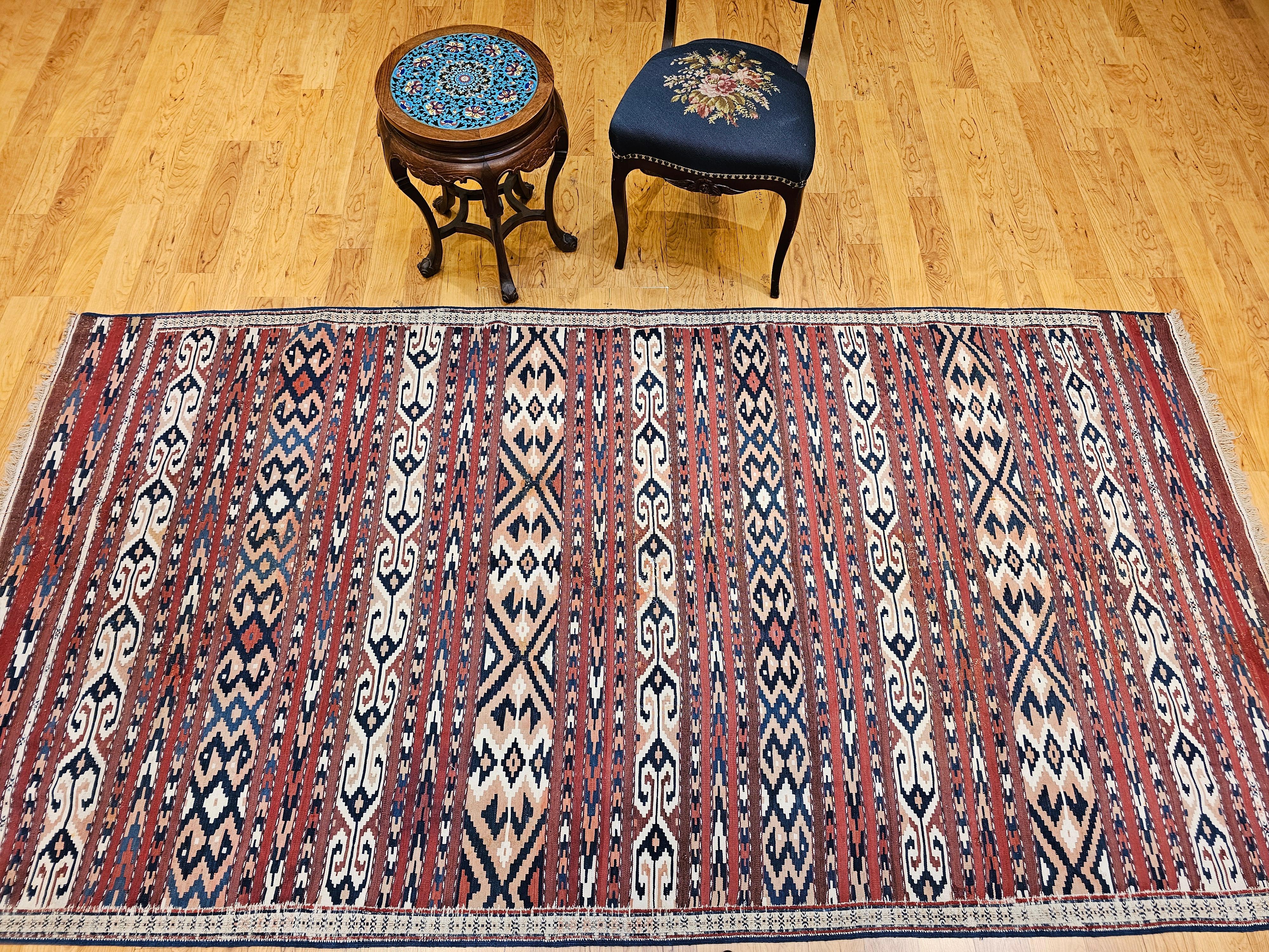 Vintage Turkmen Yomut Kilim in Stripe Pattern in Beige, Rust, Ivory, French Blue For Sale 6