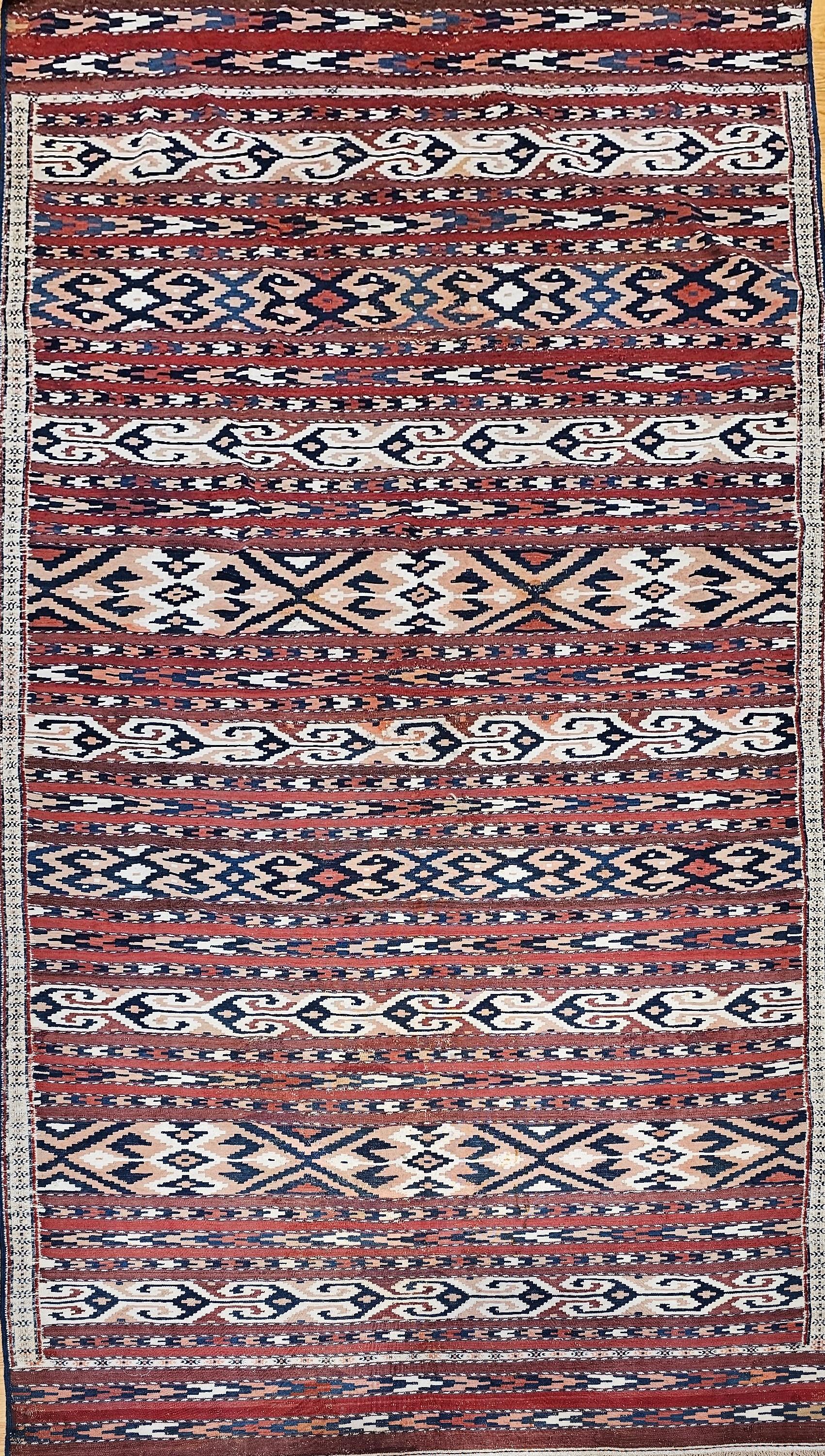 Central Asian Vintage Turkmen Yomut Kilim in Stripe Pattern in Beige, Rust, Ivory, French Blue For Sale