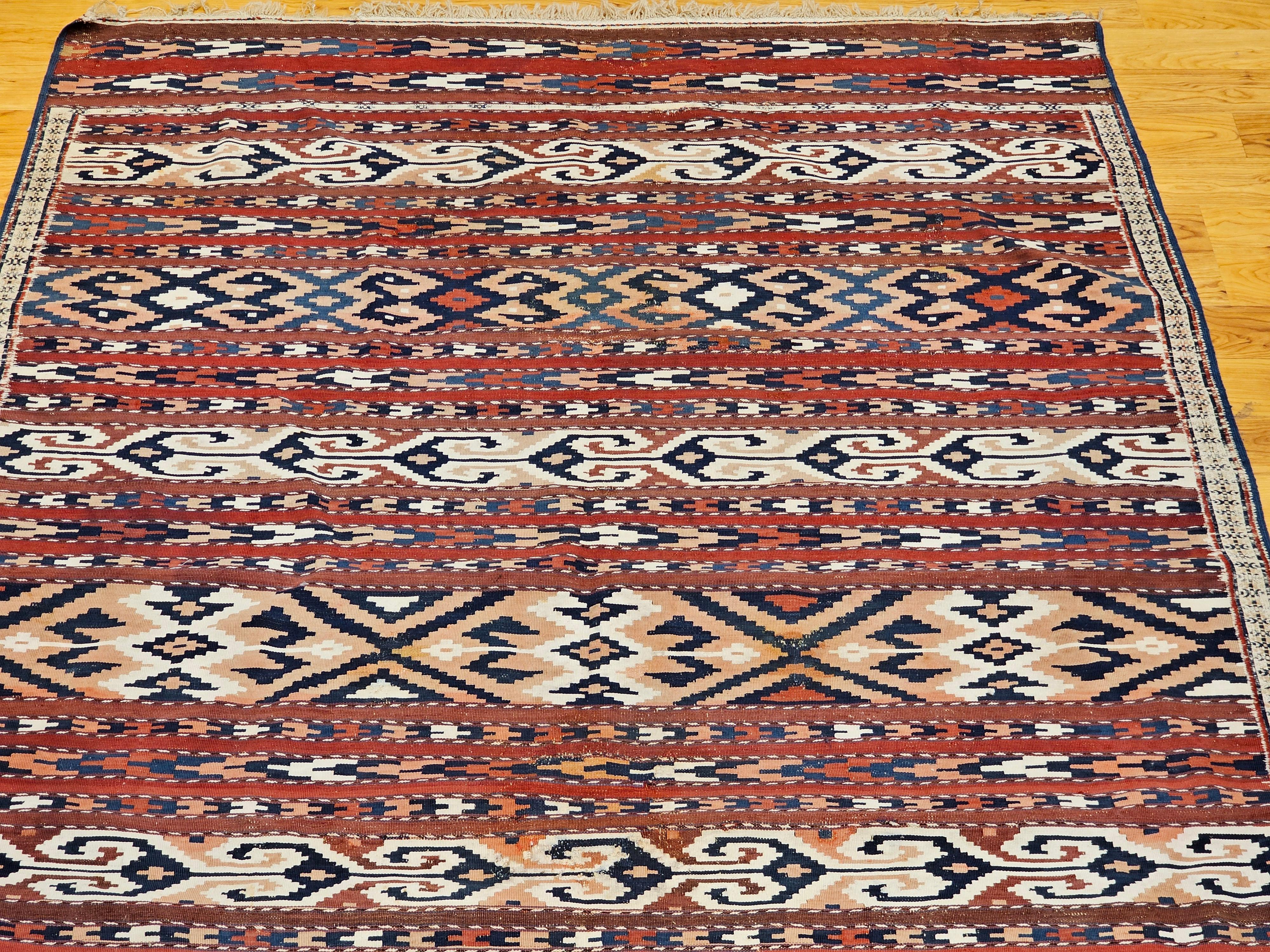 Vegetable Dyed Vintage Turkmen Yomut Kilim in Stripe Pattern in Beige, Rust, Ivory, French Blue For Sale
