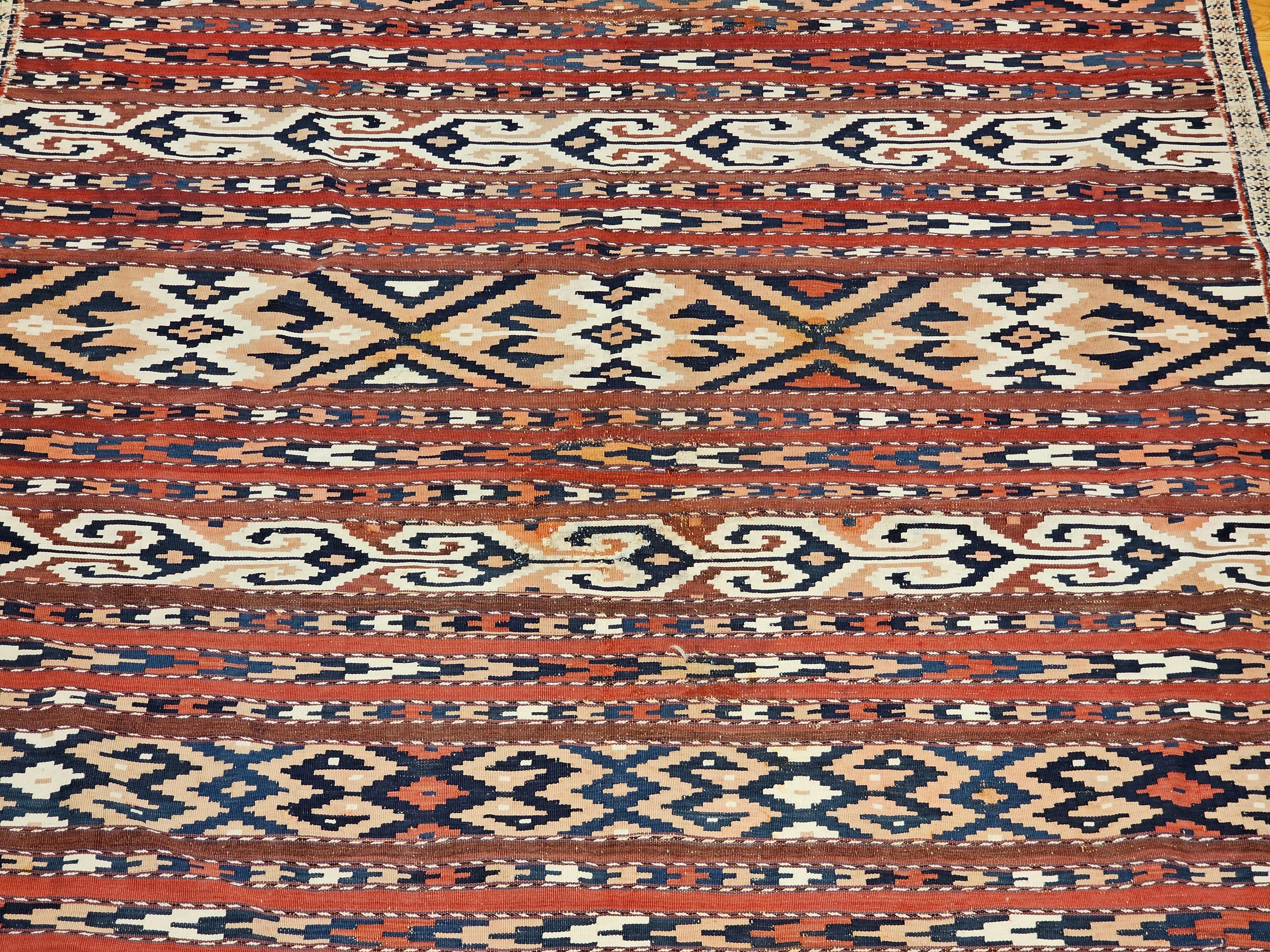 Vintage Turkmen Yomut Kilim in Stripe Pattern in Beige, Rust, Ivory, French Blue In Good Condition For Sale In Barrington, IL