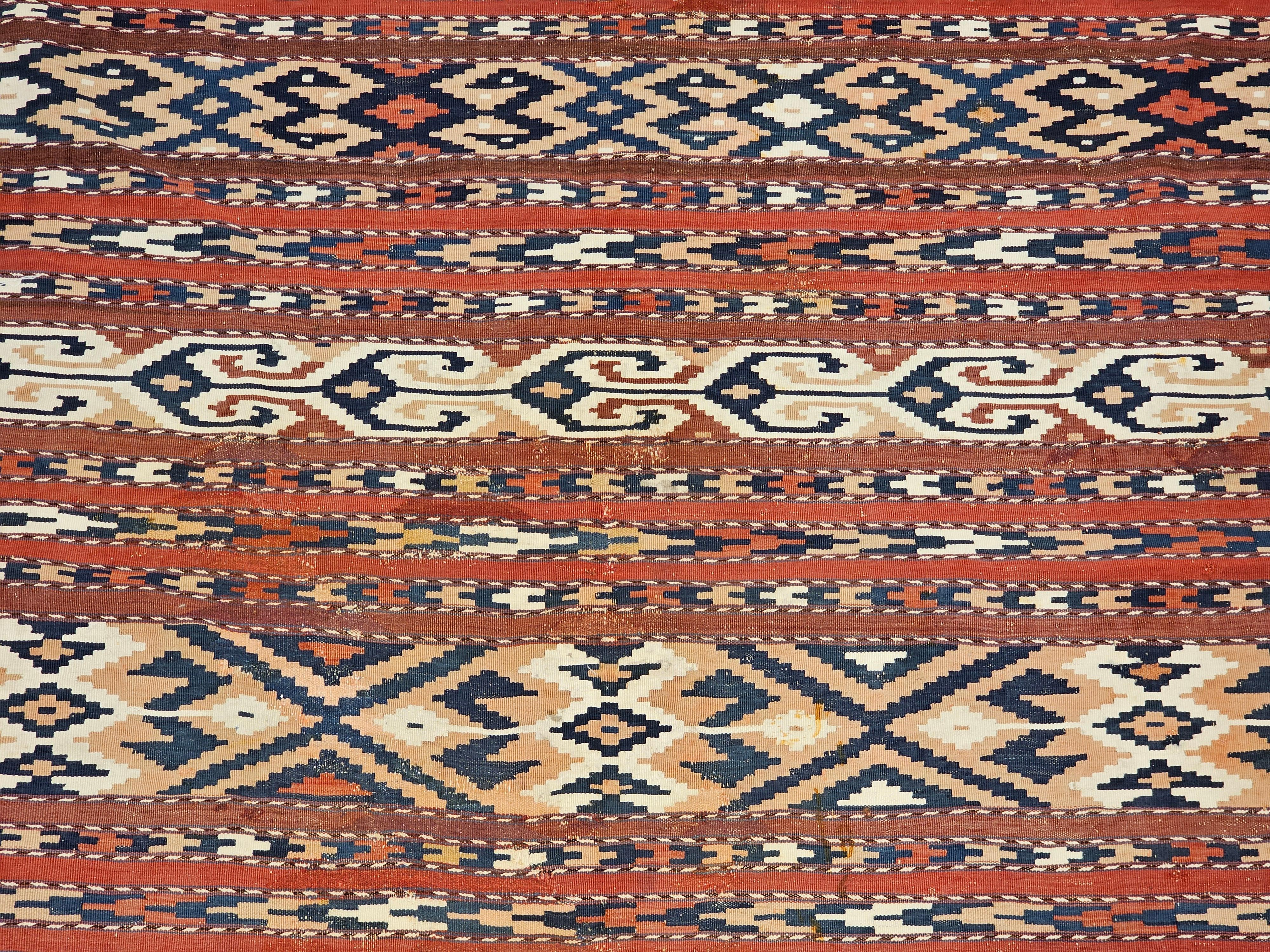 20th Century Vintage Turkmen Yomut Kilim in Stripe Pattern in Beige, Rust, Ivory, French Blue For Sale