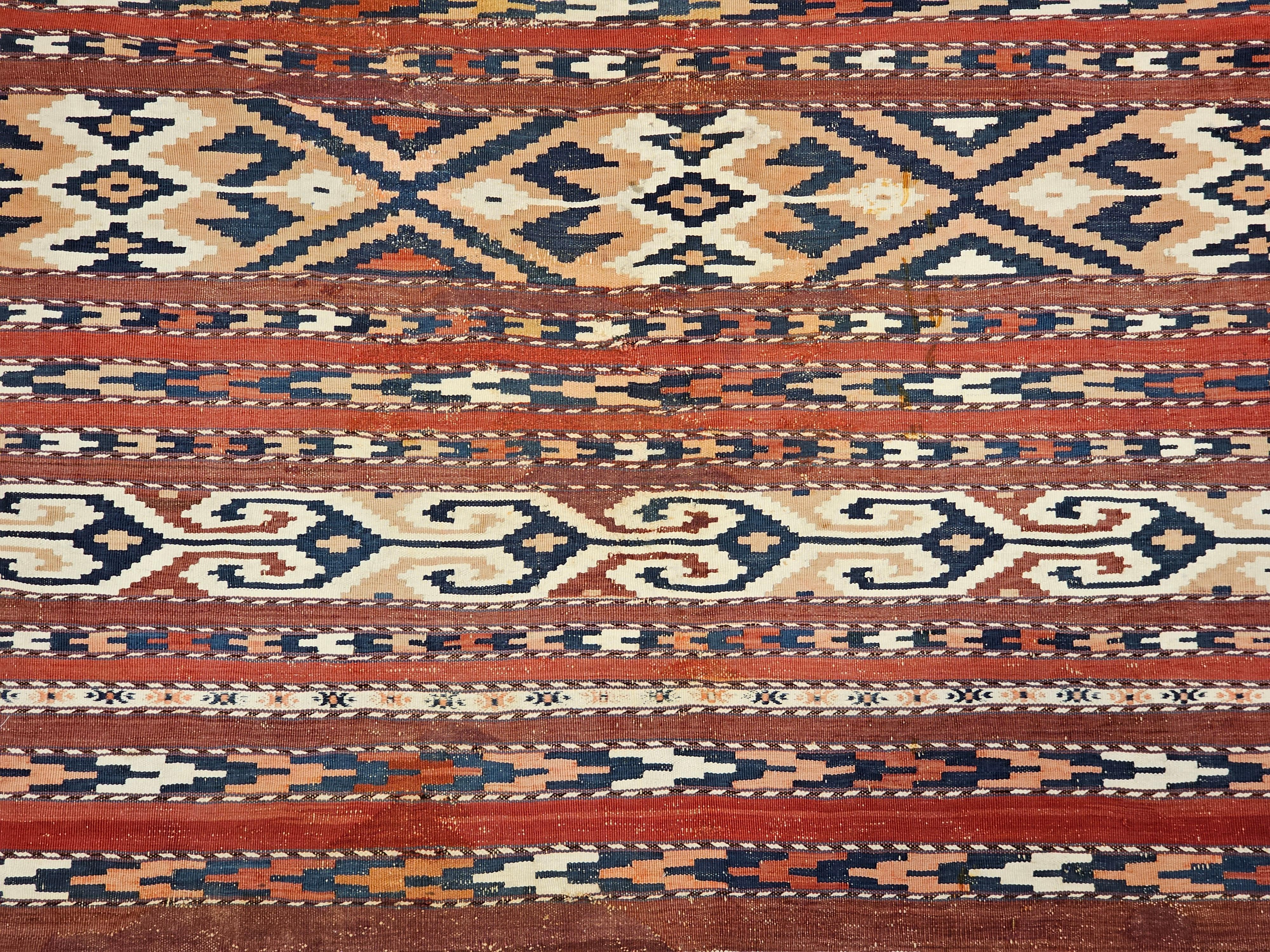 Wool Vintage Turkmen Yomut Kilim in Stripe Pattern in Beige, Rust, Ivory, French Blue For Sale