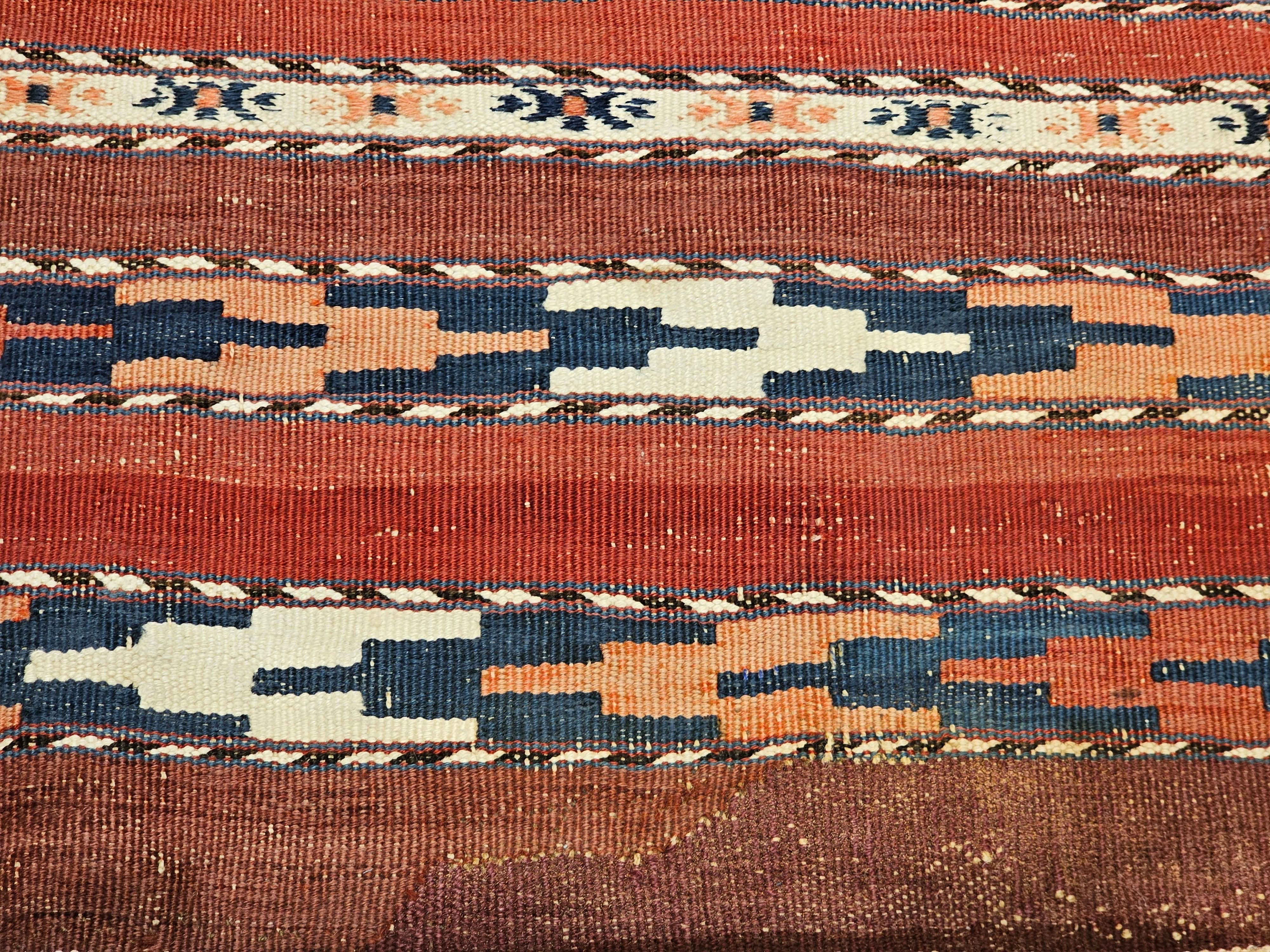 Vintage Turkmen Yomut Kilim in Stripe Pattern in Beige, Rust, Ivory, French Blue For Sale 1