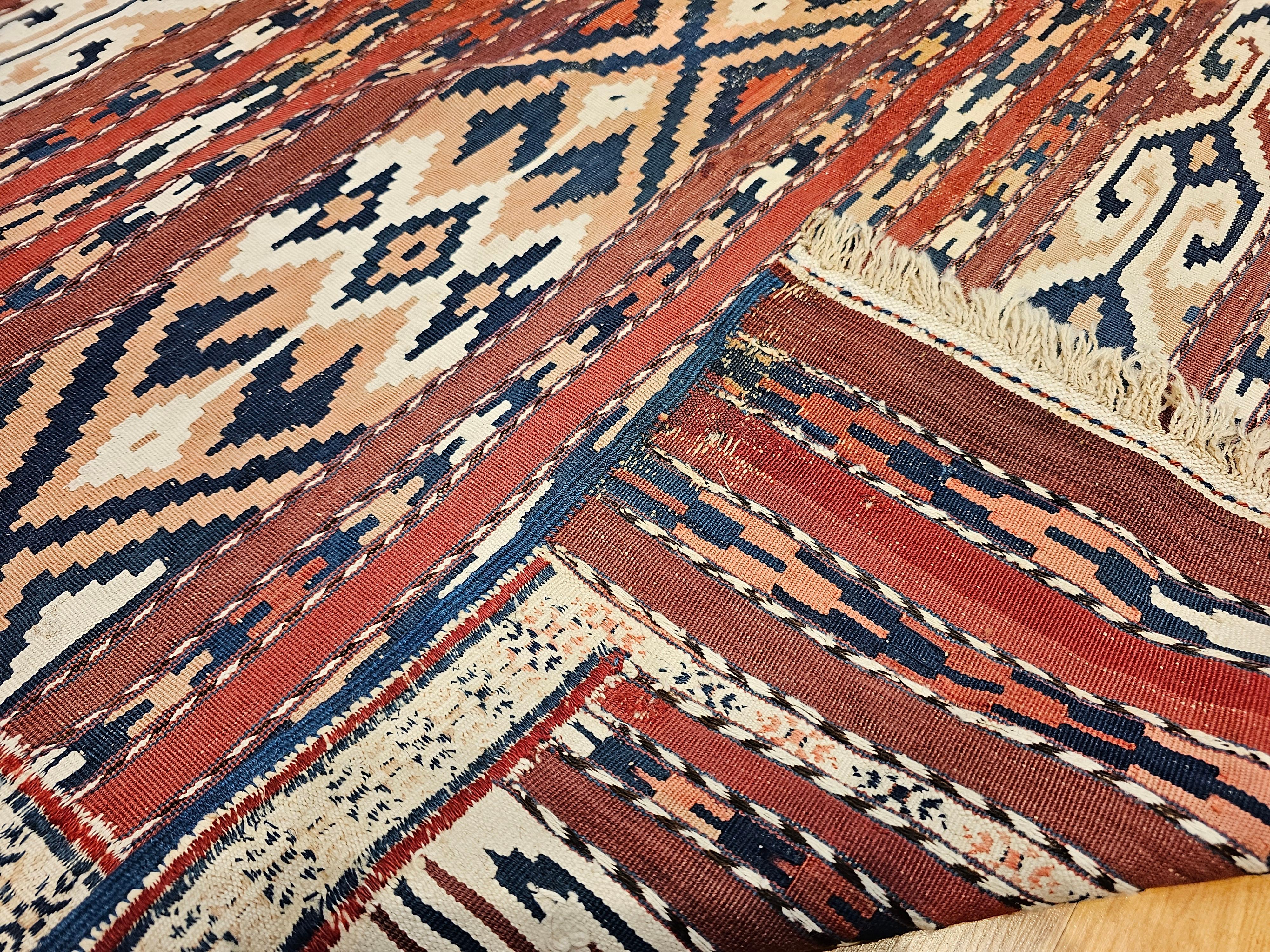 Vintage Turkmen Yomut Kilim in Stripe Pattern in Beige, Rust, Ivory, French Blue For Sale 2