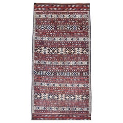 Kilim turkmeno d'epoca con motivo a strisce in beige, ruggine, avorio e blu francese