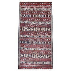 Antique Turkmen Yomut Kilim in Stripe Pattern in Beige, Rust, Ivory, French Blue