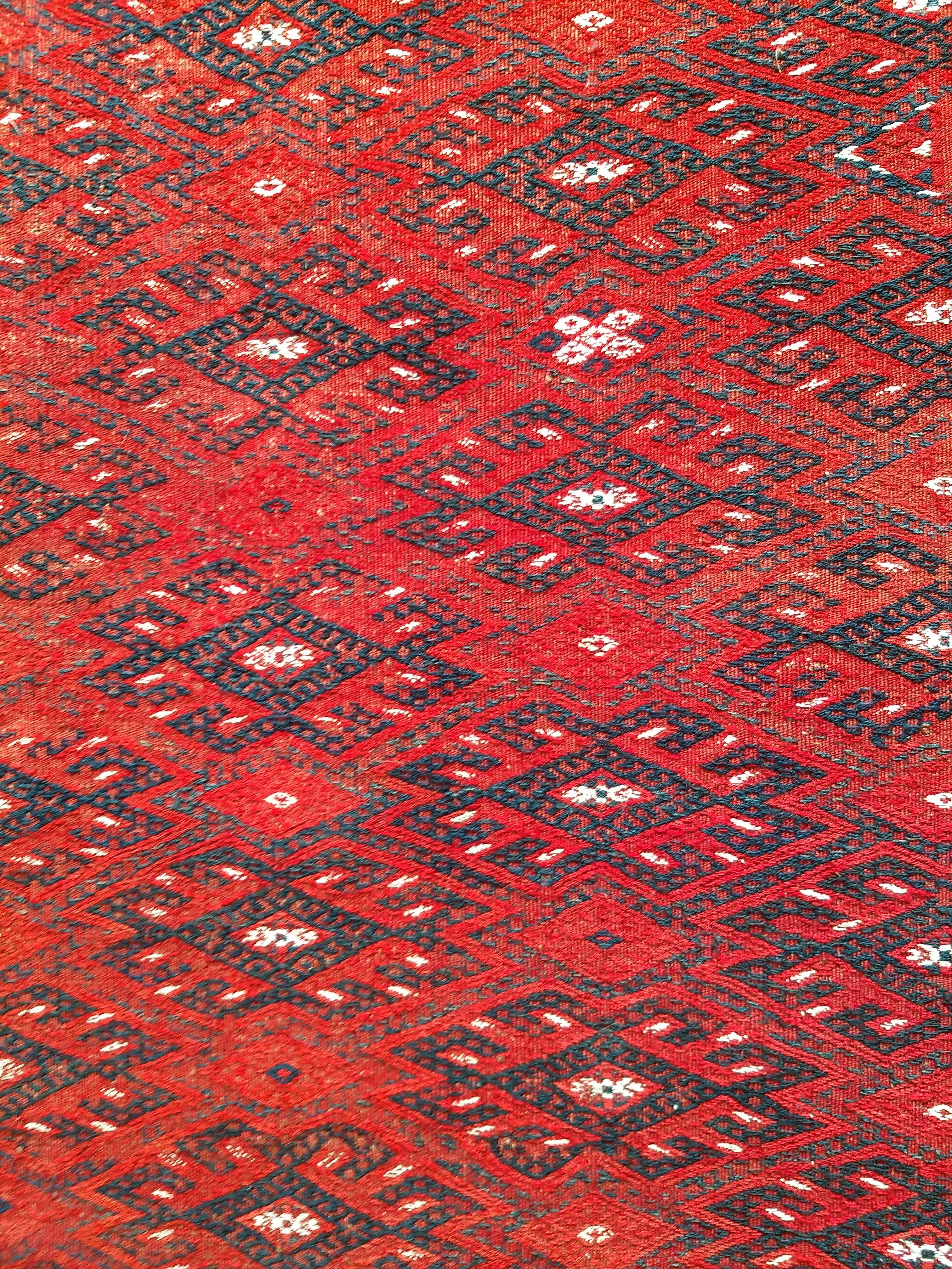 Central Asian Vintage Turkmen Yomut Soumak in Allover Geometric Pattern in Red, Black, Ivory For Sale