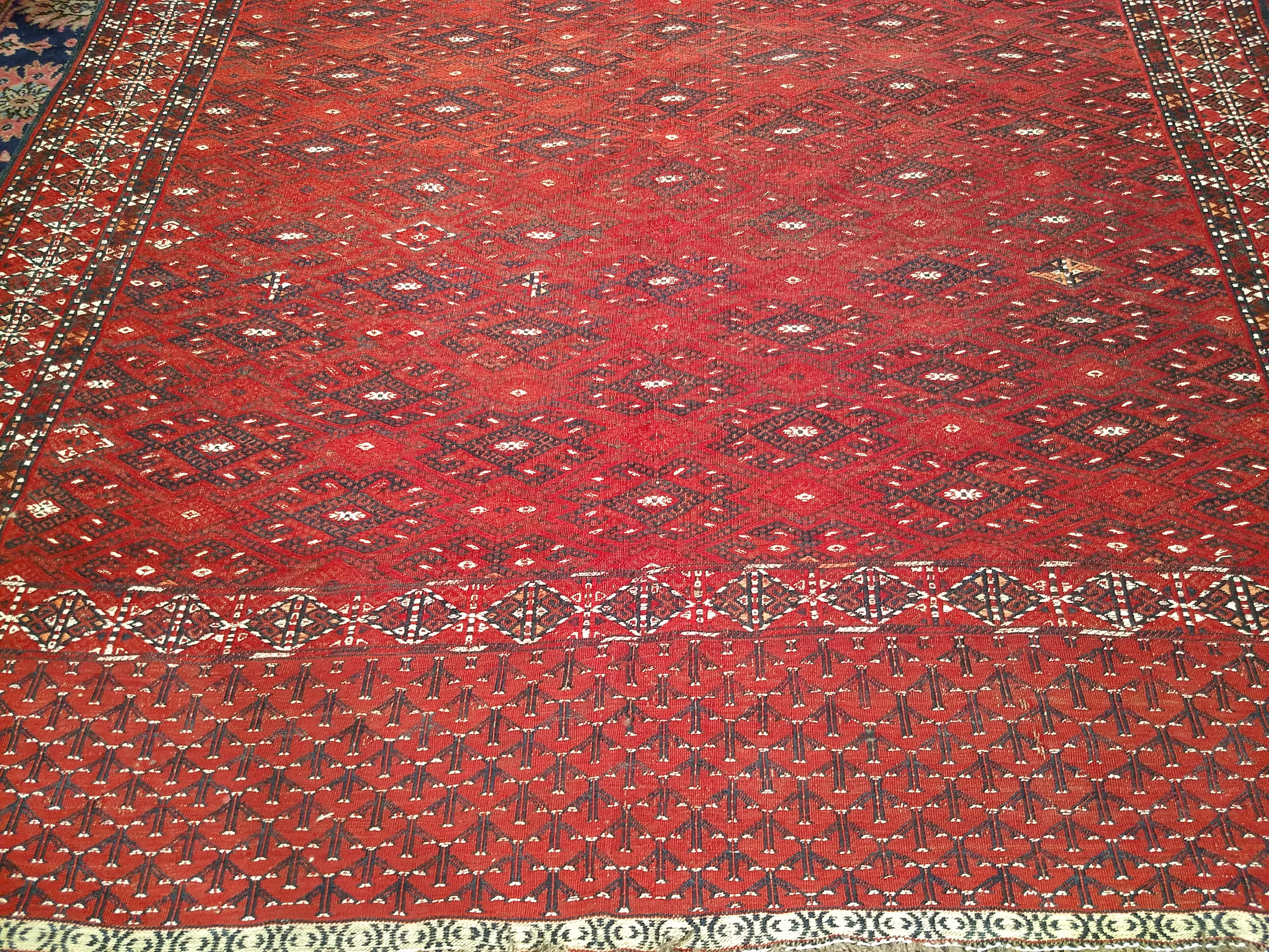 Wool Vintage Turkmen Yomut Soumak in Allover Geometric Pattern in Red, Black, Ivory For Sale