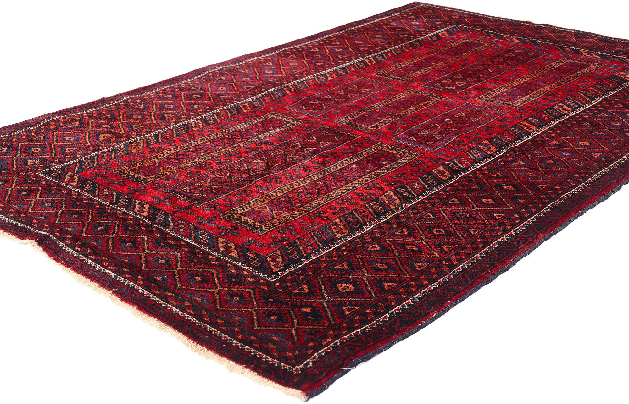 79088 Vintage Turkoman Afghan Rug, 04'02 x 06'07. This exquisite hand-knotted wool vintage Turkoman Afghan rug is a captivating example of tribal artistry, steeped in centuries of tradition and cultural significance. Woven with exceptional skill,