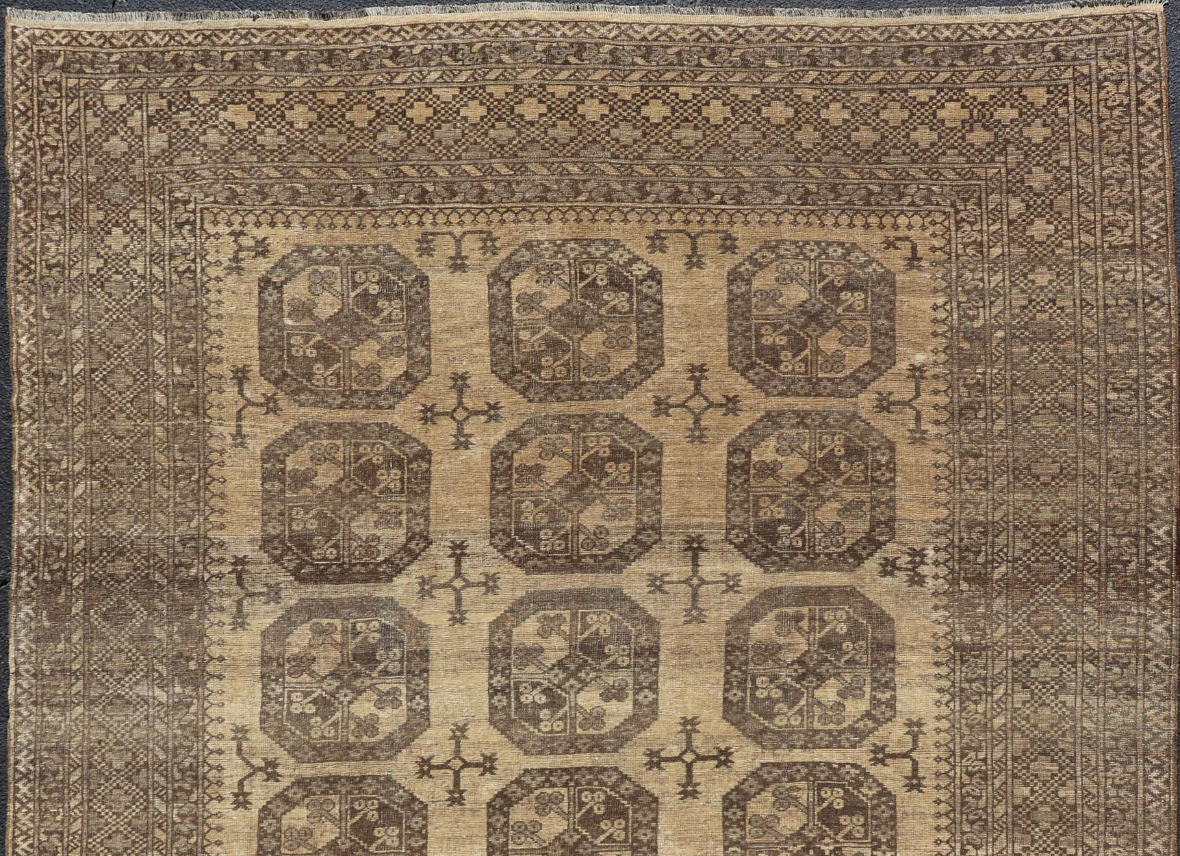 Islamic Vintage Turkomen Ersari Rug with Gul Design in Brown, Gray, Tan & Sand Colors For Sale