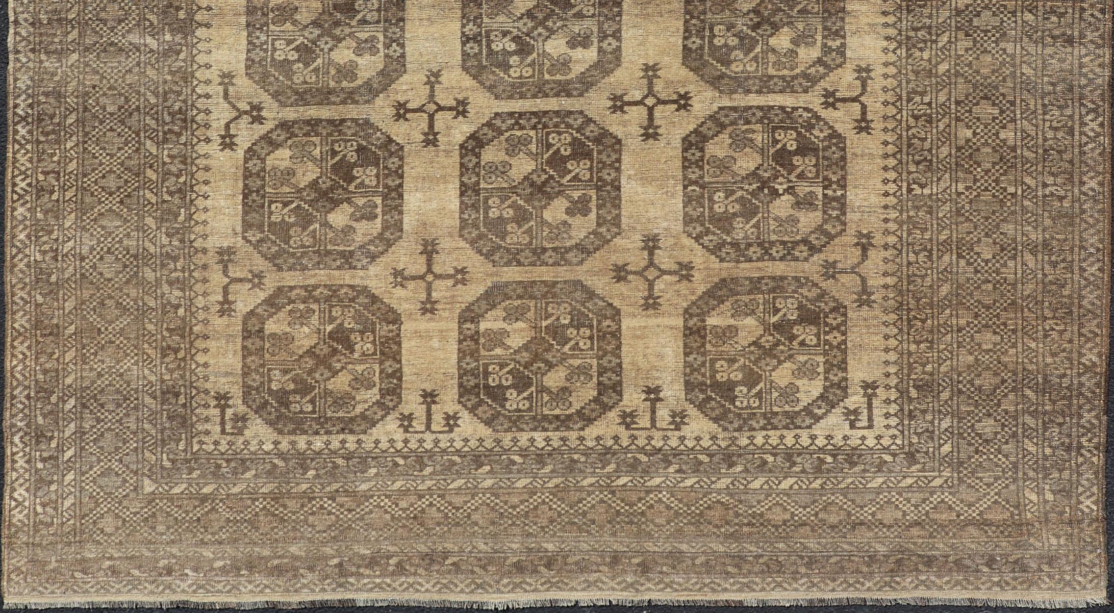 Hand-Knotted Vintage Turkomen Ersari Rug with Gul Design in Brown, Gray, Tan & Sand Colors For Sale