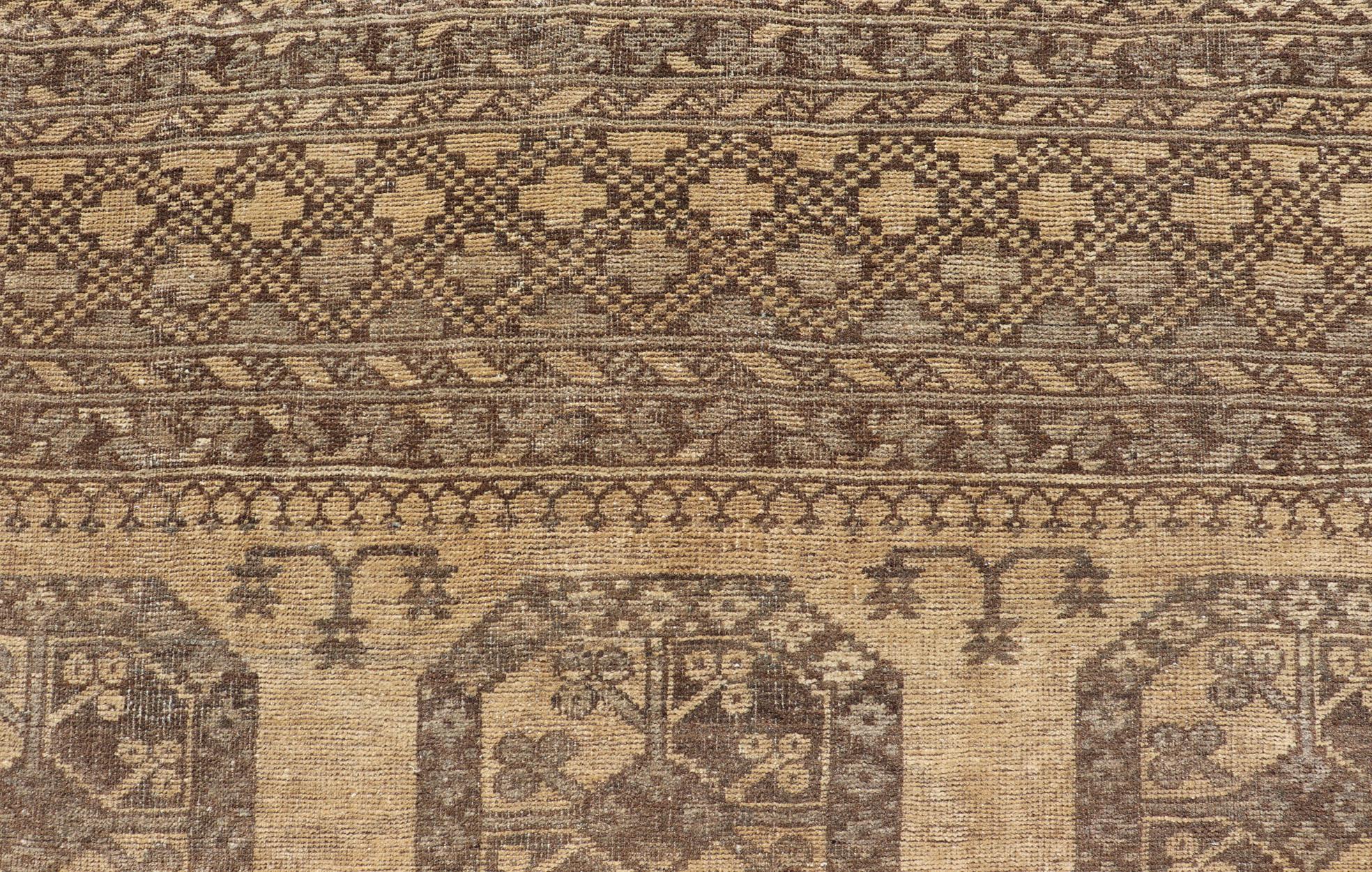 Vintage Turkomen Ersari Rug with Gul Design in Brown, Gray, Tan & Sand Colors For Sale 1