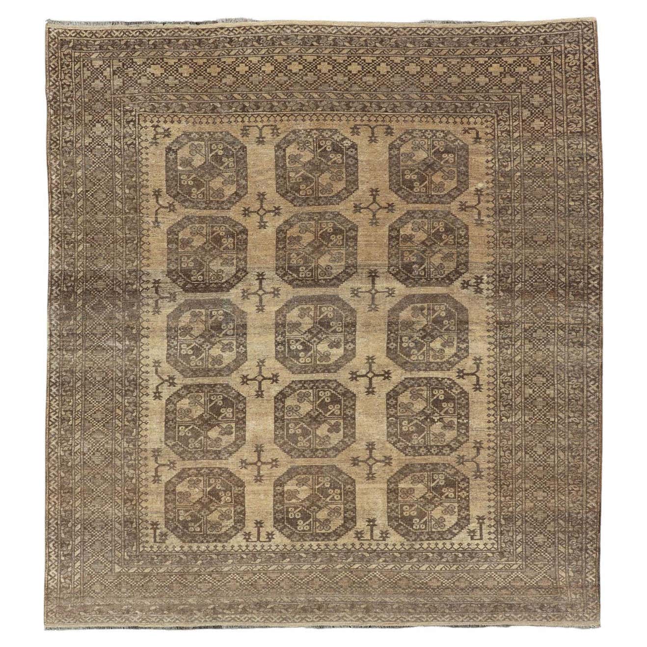 Vintage Turkomen Ersari Rug with Gul Design in Brown, Gray, Tan and ...
