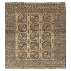 Vintage Turkomen Ersari Rug with Gul Design in Brown, Gray, Tan & Sand Colors