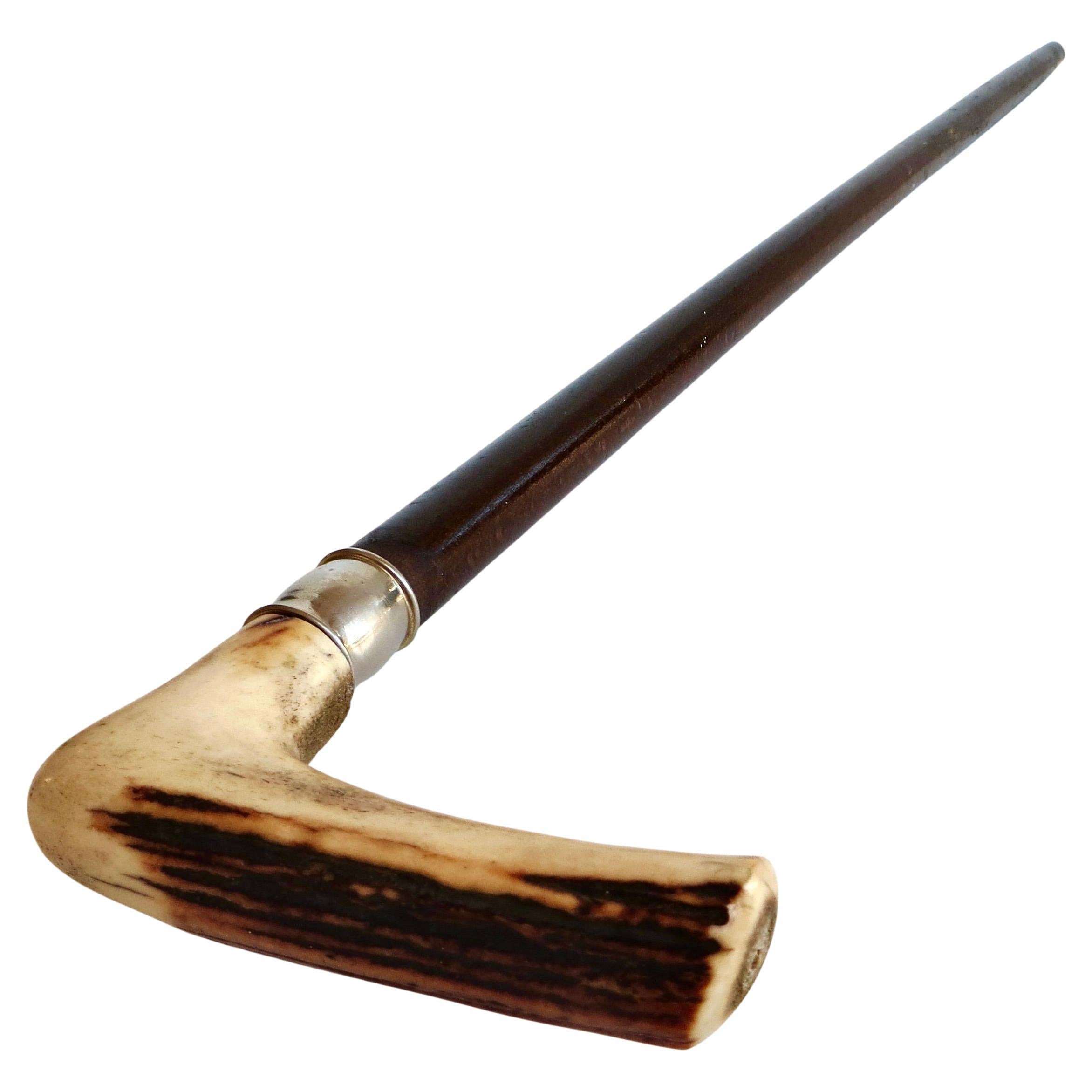 Begehrenswerter Spazierstock im Western-Stil mit einem Hirschhorn-Griff in natürlichen Knochenfarben, mit originalen braunen Akzenten auf den knöchernen, vertieften horizontalen Linien. Es handelt sich um einen Stock aus dem späten 19. und frühen