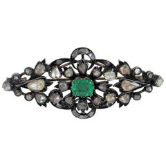 Vintage Turn of the Century Diamond and Emerald Brooch with Rose Cut Old Mine
