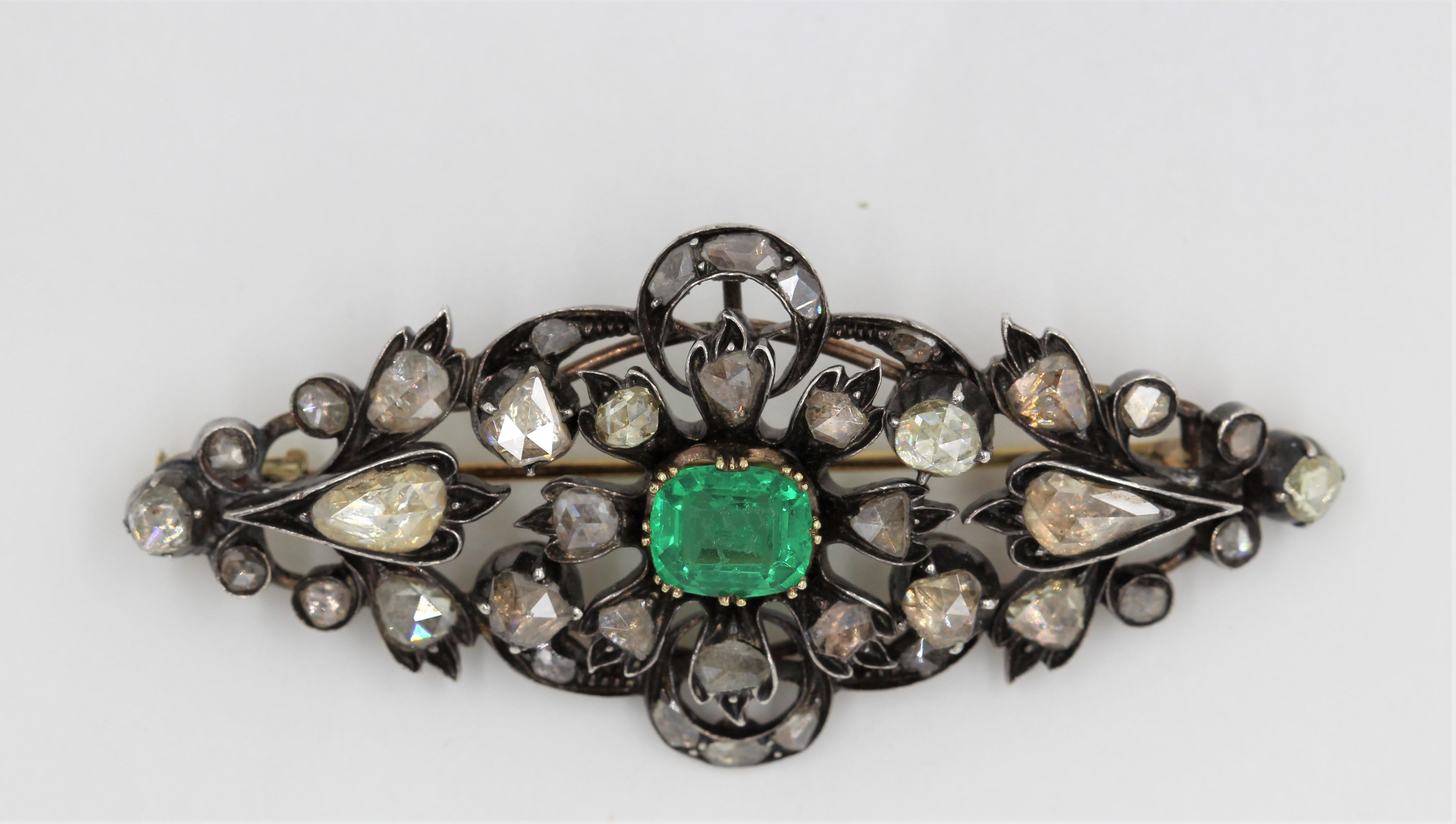 Old Mine Cut Vintage Turn of the Century Diamond and Emerald Brooch with Rose Cut Old Mine For Sale